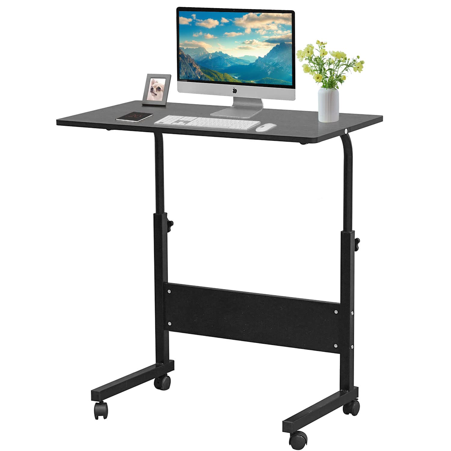 Adjustable Height Mobile Laptop Desk Cart with Wheels - Portable Rolling Laptop Stand for Home Office, Bed, Couch & Sofa - Ergonomic Computer Table with Tray for Work, Study & Relaxation (Black, Small Size)