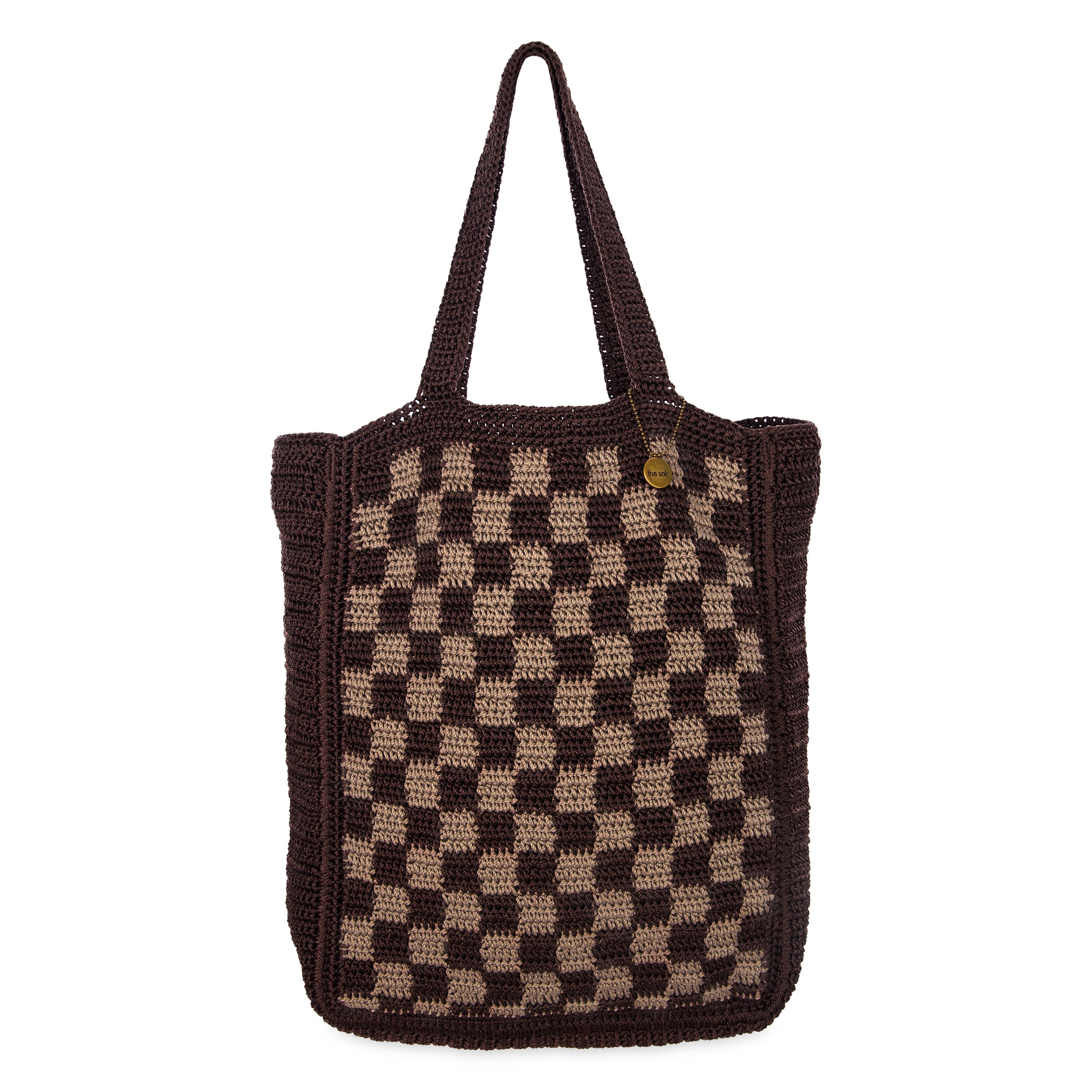 Lanie Market Tote Bag - Hand Crochet Brown Checkered Eco-Friendly Shopping Bag - Perfect for Groceries, Beach Trips & Farmers Market