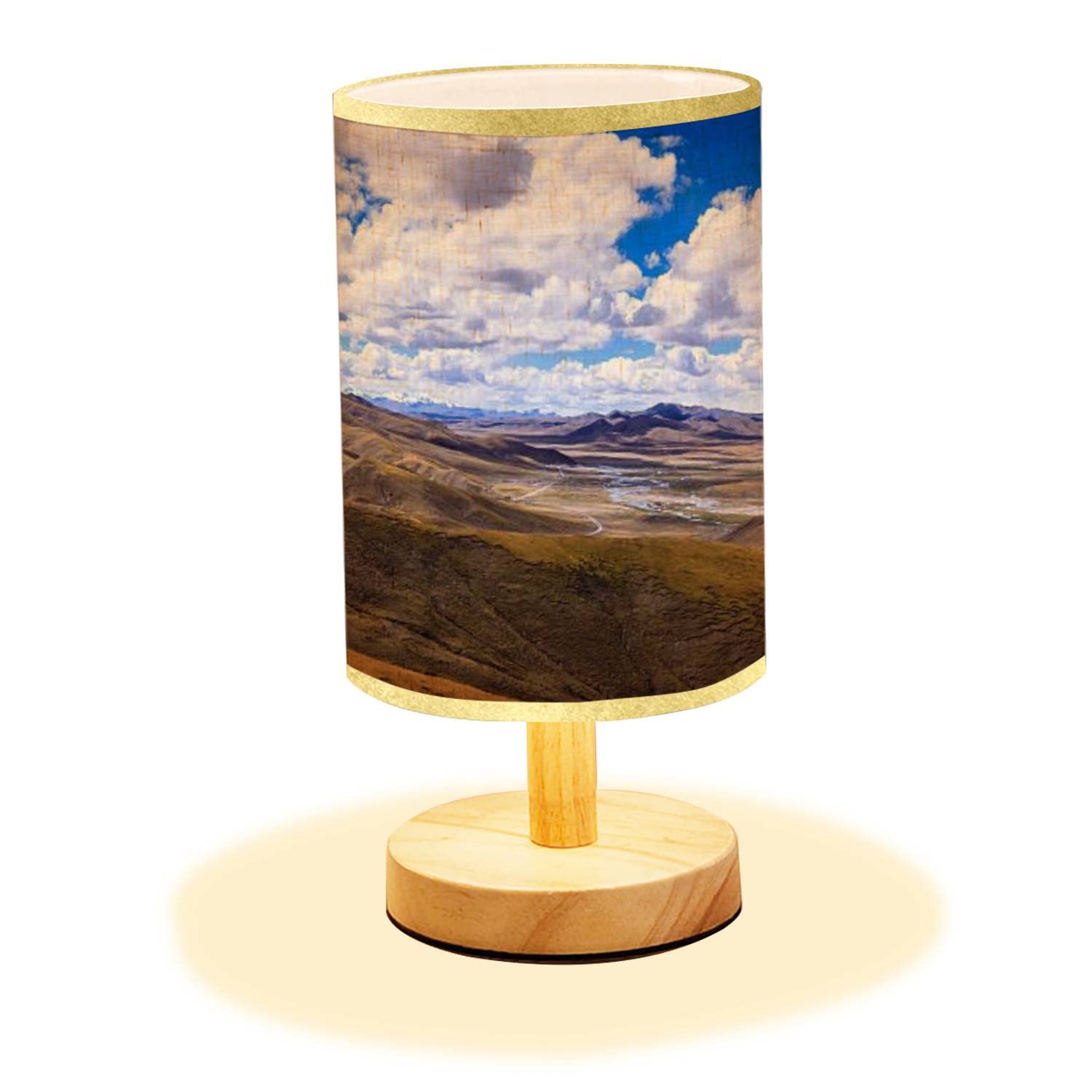 Minimalist Wooden Nightstand Lamp with Flaxen Fabric Shade - Mountain Blue Sky Design for Bedroom, Living Room, Office | Perfect for Reading, Relaxing & Home Decor