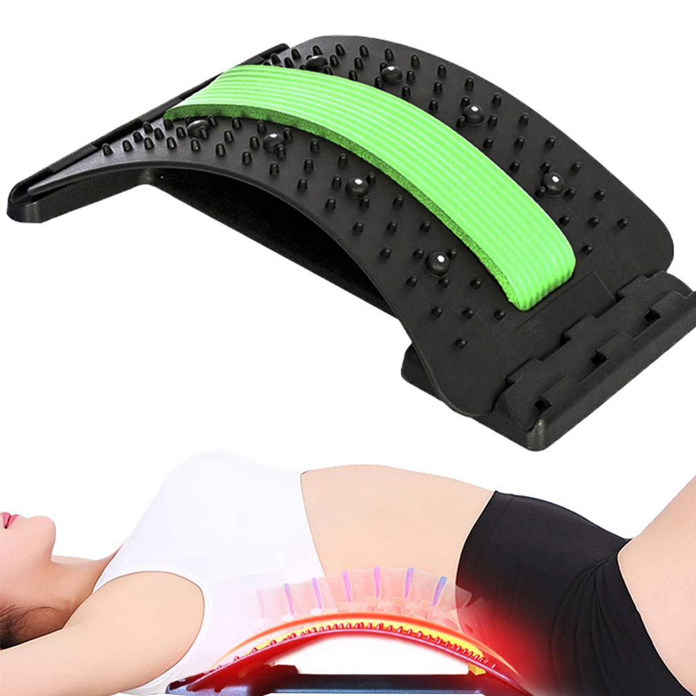 Adjustable Lumbar Traction Back Stretcher with Magnetic Point Massage - Relief for Back Pain, Scoliosis & Lumbar Support - Green - Perfect for Office, Home & Post-Workout Recovery