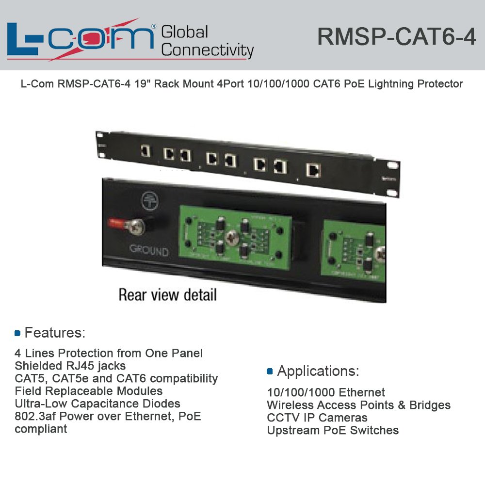 L-Com RMSP-CAT6-4 19-Inch Rack Mount 4-Port Gigabit Ethernet PoE+ Surge Protector | Shielded CAT6 RJ45 Network Lightning Protection | Ideal for Data Centers, Server Rooms & Network Equipment Protection