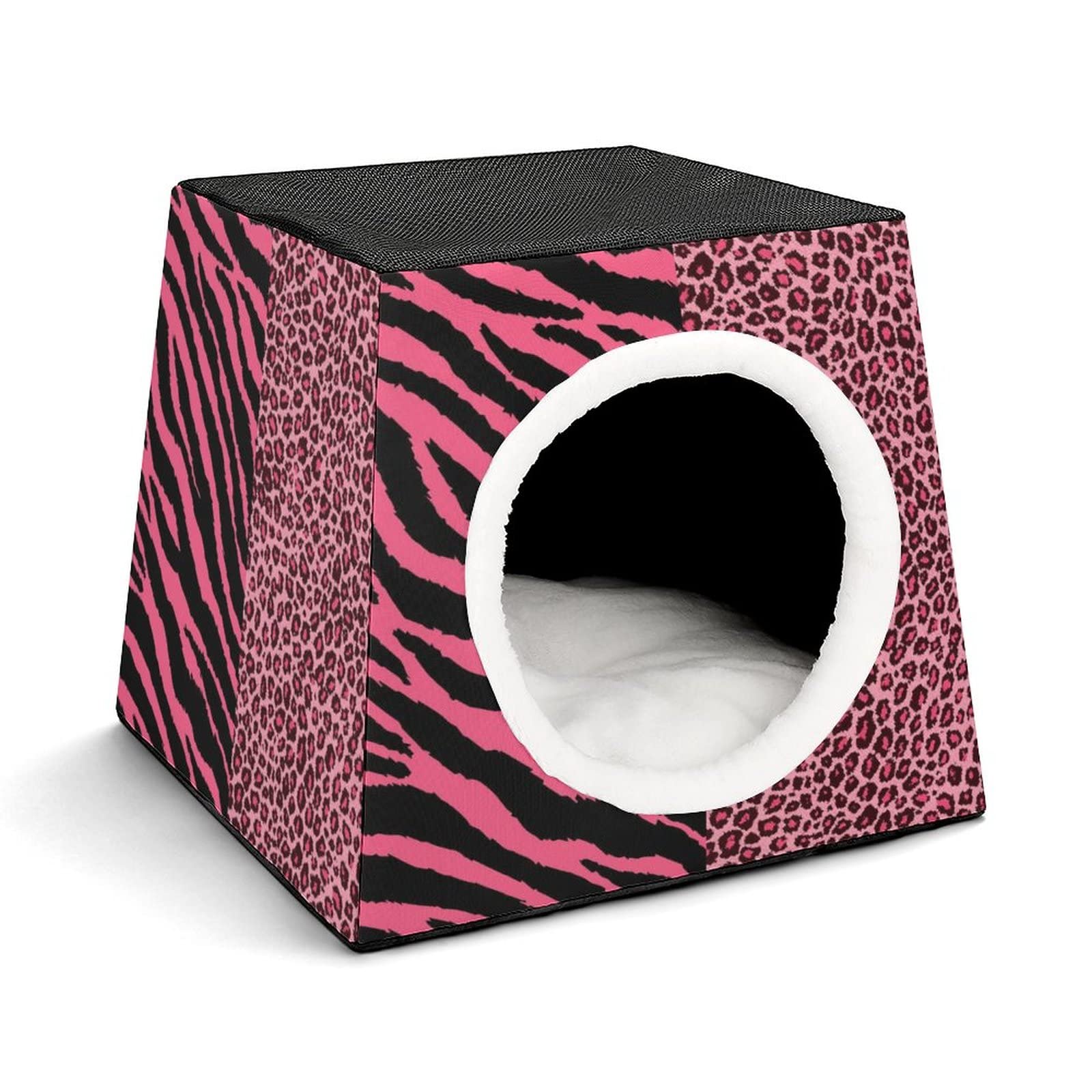 Printed Cat Houses & Condos - Foldable Cat Cube Bed with Removable Pillow in Tiger Leopard Print - Cozy Pet Sofa for Indoor Cats | Perfect for Living Room, Bedroom & Office