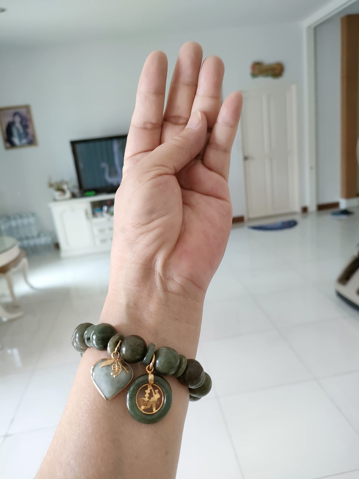14mm Round Jade Bracelet for Women - Genuine Healing Gemstone with Heart & Coin Pendant - Lucky Money & Success Charm - Adjustable 6.75 Inch for Plus Size - Perfect for Meditation, Gifts & Positive Energy