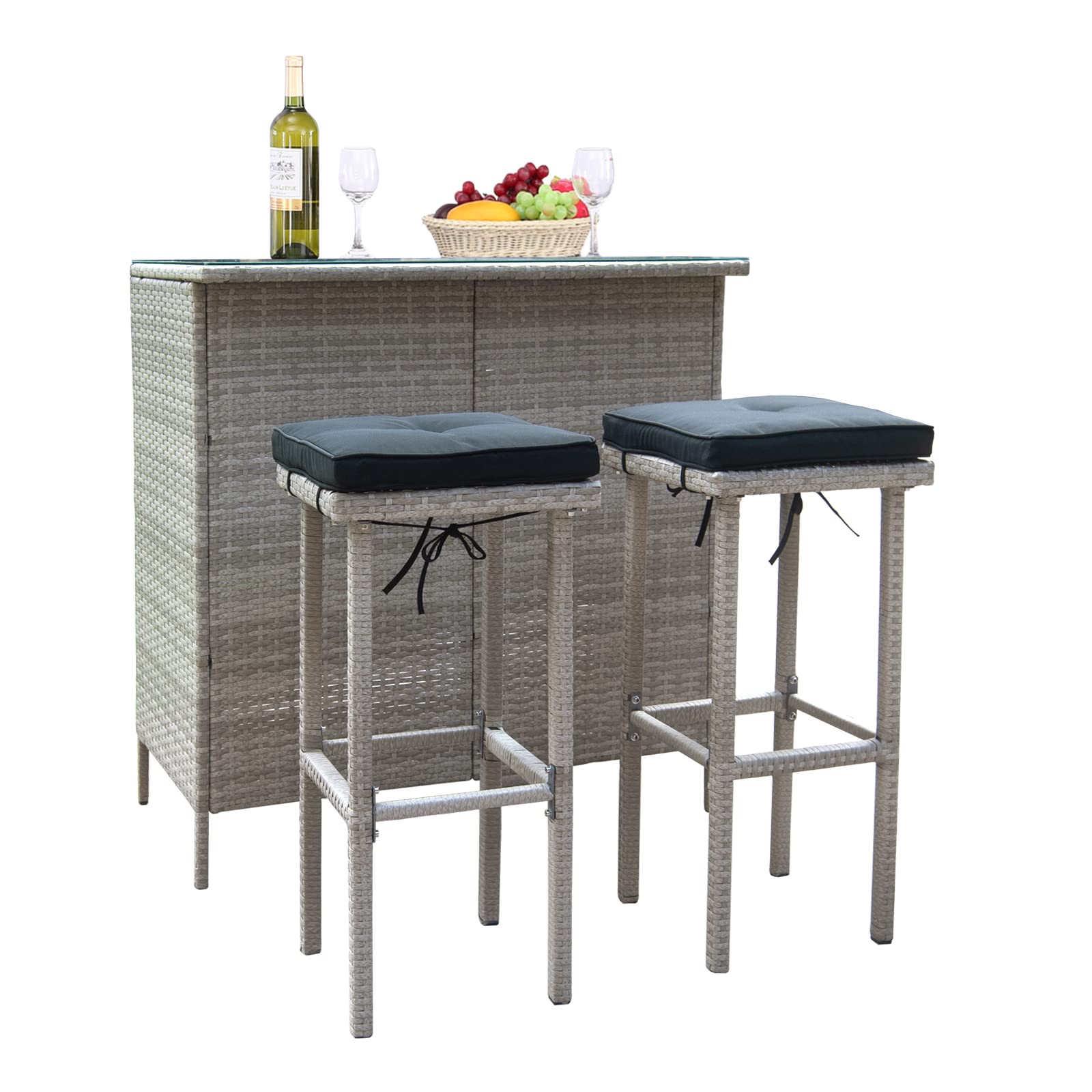 **Polar Aurora 3-Piece Patio Bar Set with Stools & Glass Top Table – Outdoor Wicker Furniture with Removable Cushions – Perfect for Backyards, Porches, Gardens & Poolside (Black & Gray) – Ideal for Entertaining, Relaxing & Outdoor Dining**