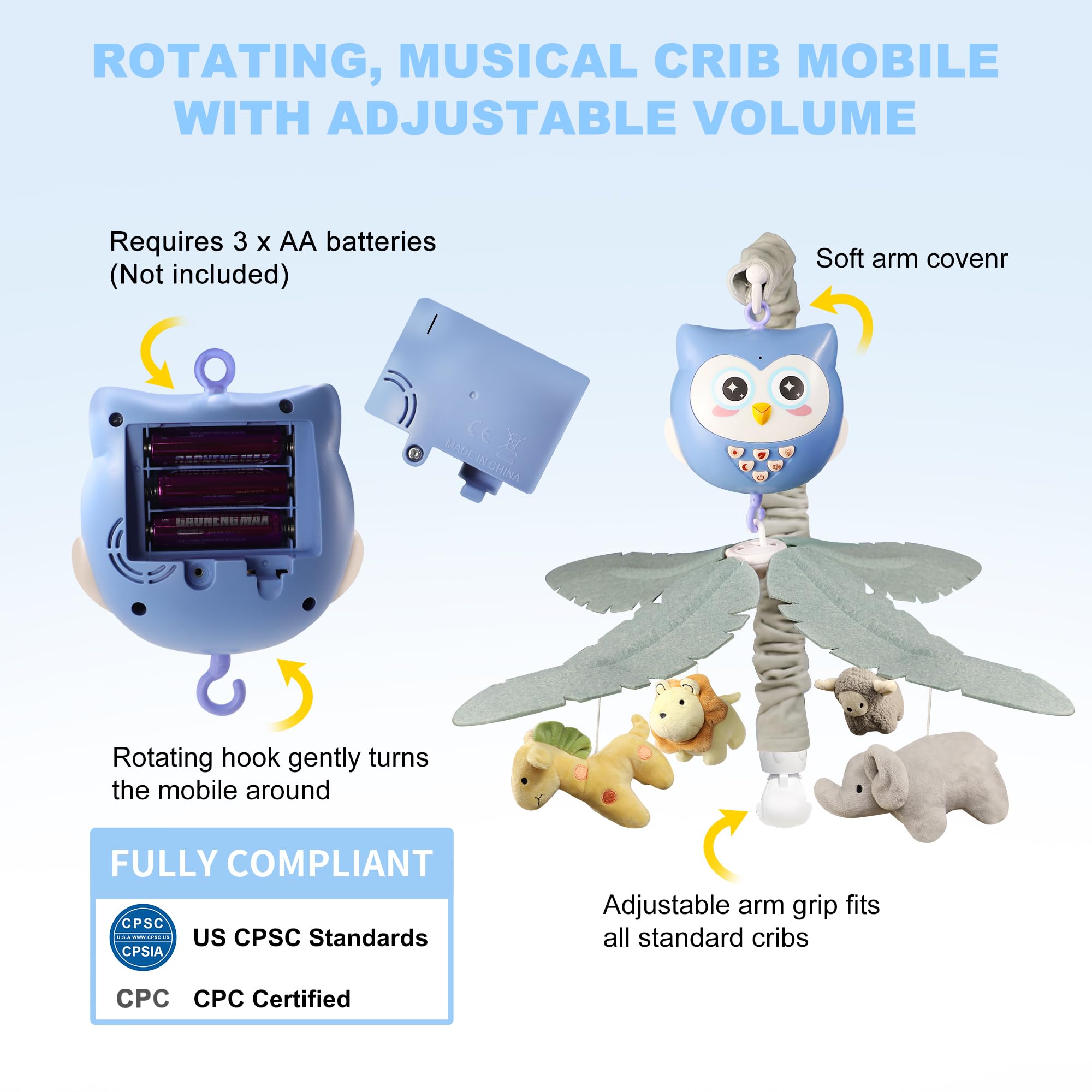Baby Crib Mobile with Music & Lights - Musical Animal Mobile for Boys & Girls - Portable Hanging Crib Toy for Bassinet & Pack n Play - Perfect for Nursery Decor & Soothing Newborns to Sleep
