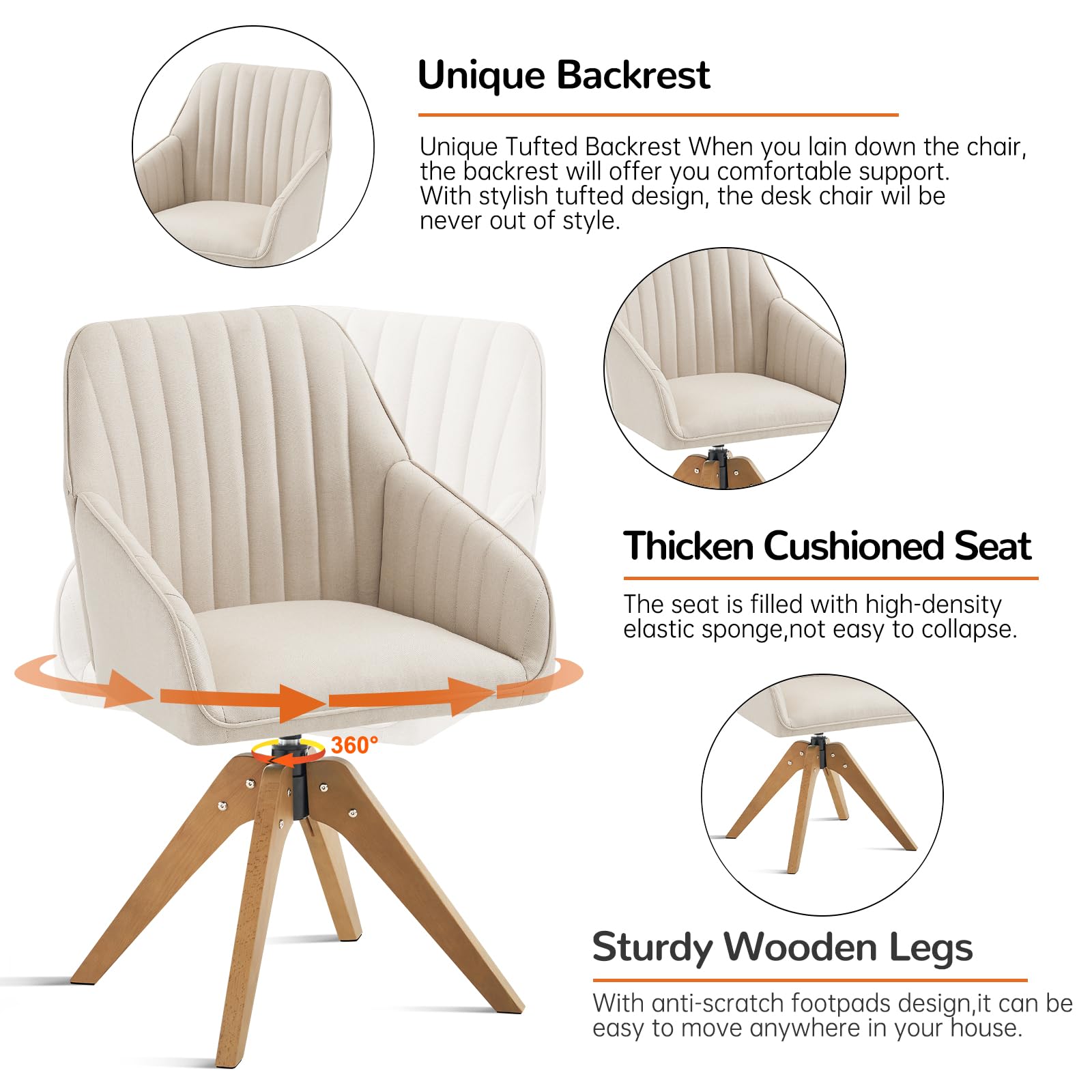 Mid Century Modern Swivel Accent Chair - Upholstered Wooden Armchair with Mid Back Support, Faux Linen Beige - Perfect for Living Room, Home Office, Bedroom & Vanity Desk - No Wheels Comfortable Seating for Relaxing & Working
