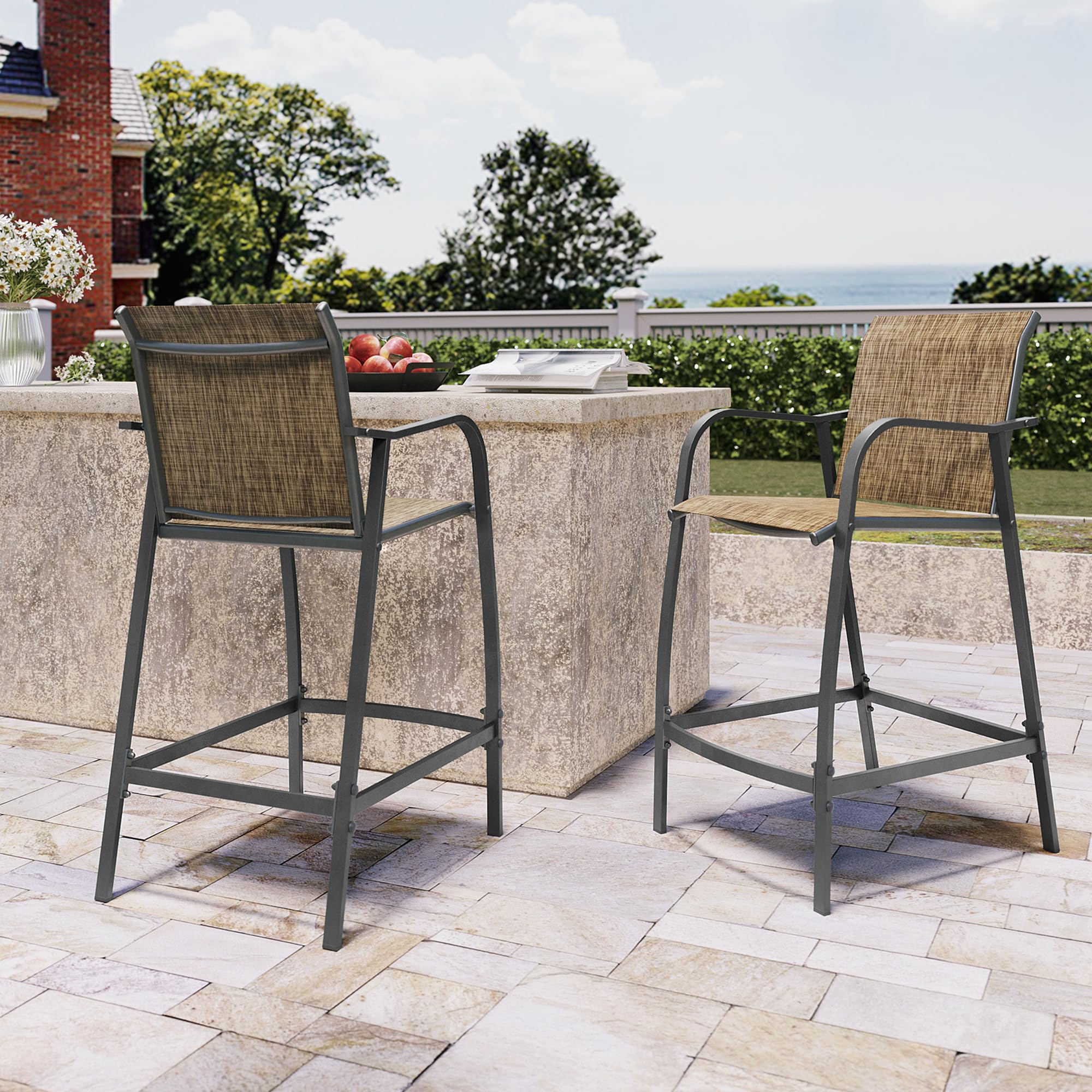 2-Pack Outdoor Metal Bar Stools - Counter Height Steel Patio Chairs with Textilene Seat, Armrest & Footrest - Lightweight Brown Bar Stools for Backyard, Deck, Poolside & Garden Use