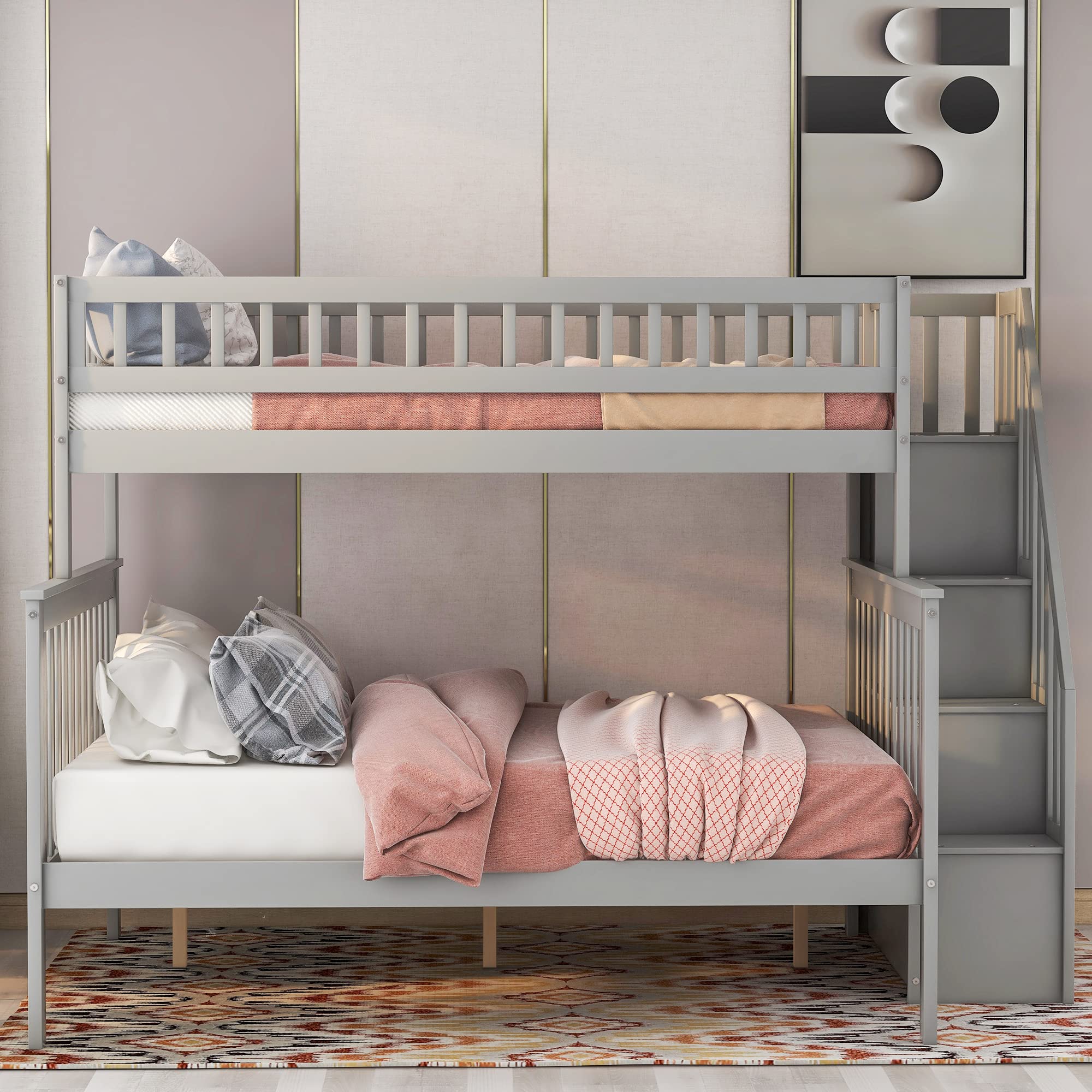 Harper & Bright Designs Twin Over Full Bunk Bed with Stairs & Storage - Convertible to 2 Separate Beds, Solid Wood Frame, Space-Saving Grey Kids Bedroom Furniture for Small Rooms & Shared Spaces