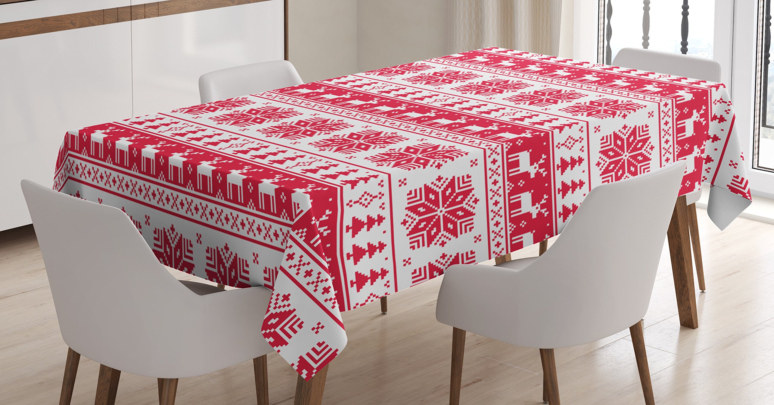 Ambesonne Nordic Christmas Tablecloth - Scandinavian Retro Holiday Dining Table Cover with Nature Inspired Design, 60