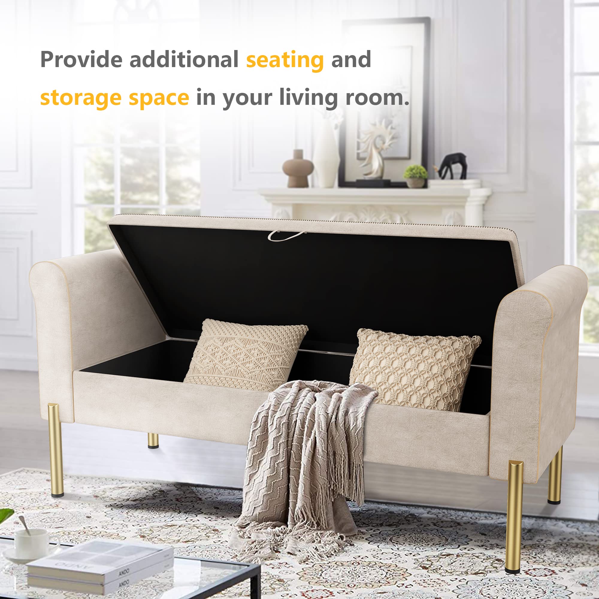 Modern Storage Ottoman Bench with Arms - Upholstered Bedroom Bench for End of Bed, Entryway, Living Room - Stylish and Functional Storage Seat for Home Decor