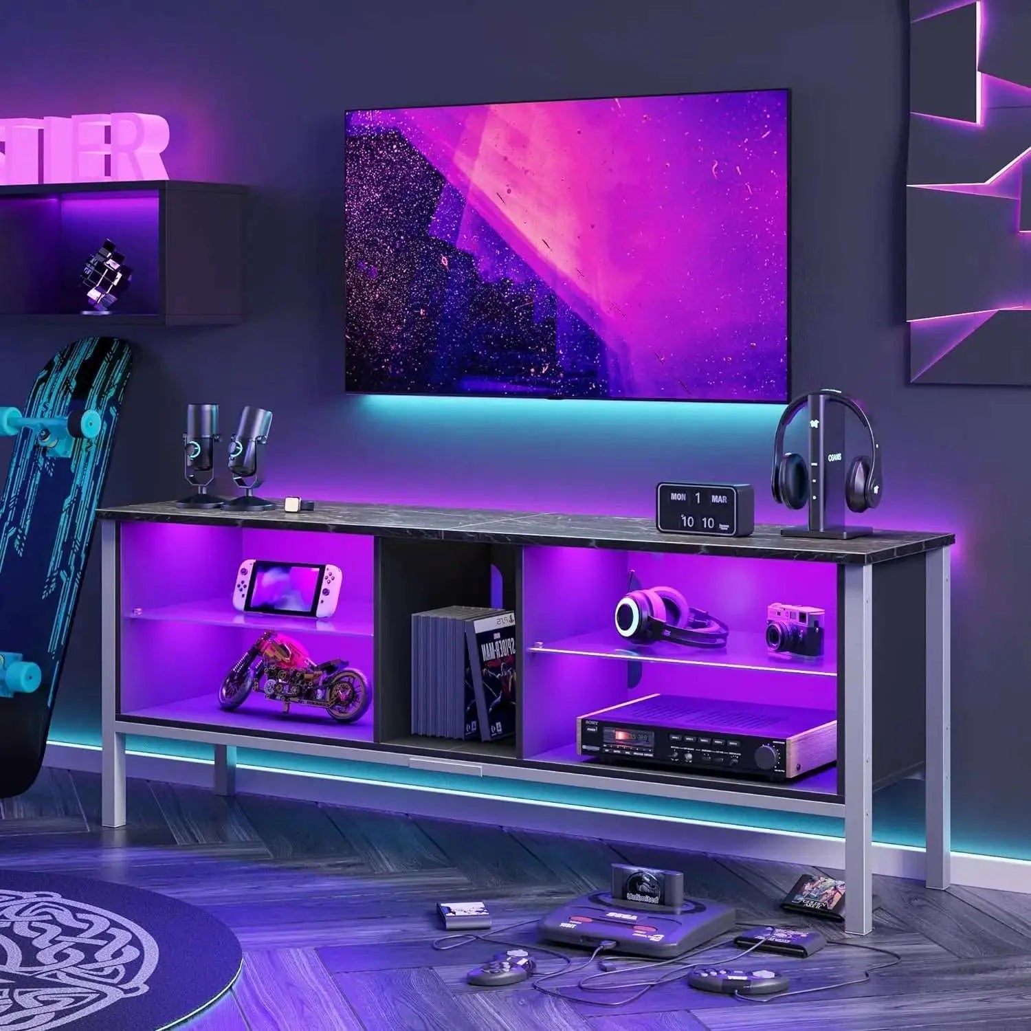 Bestier 70 Inch TV Stand for Gaming - Entertainment Center with LED Lights for PS4, Xbox & PC - Perfect for Living Room, Bedroom & Game Room Setup
