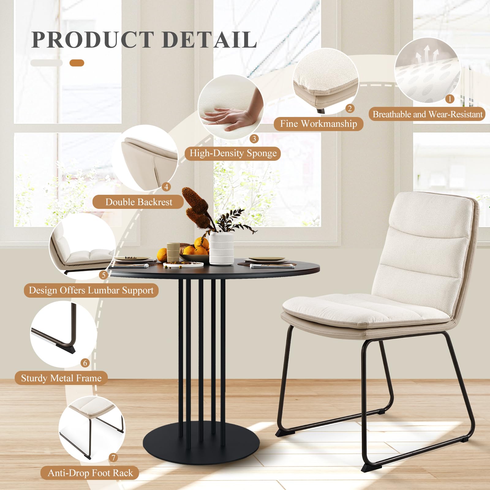 COLAMY Modern Dining Chairs Set of 2 - High Back Waffle Upholstered Kitchen Chairs with Metal Legs, Cream - Perfect for Dining Room, Kitchen, Breakfast Nook & Small Spaces