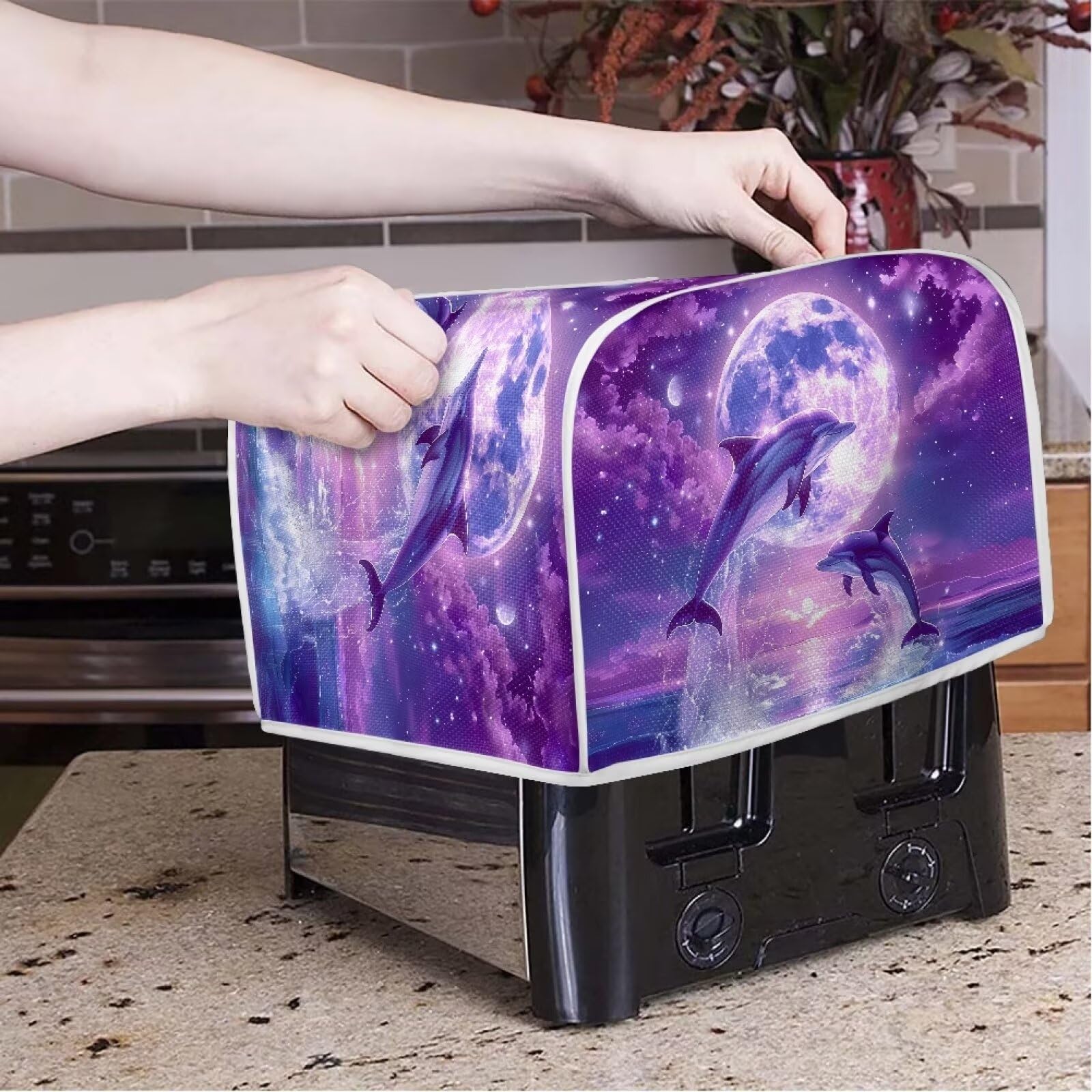 Dolphin Moon Printed Toaster Cover - Dustproof & Fingerprint Resistant Kitchen Appliance Protector for Toaster Ovens & Microwaves - Cute Kitchen Decor Accessory for Home & Office Use