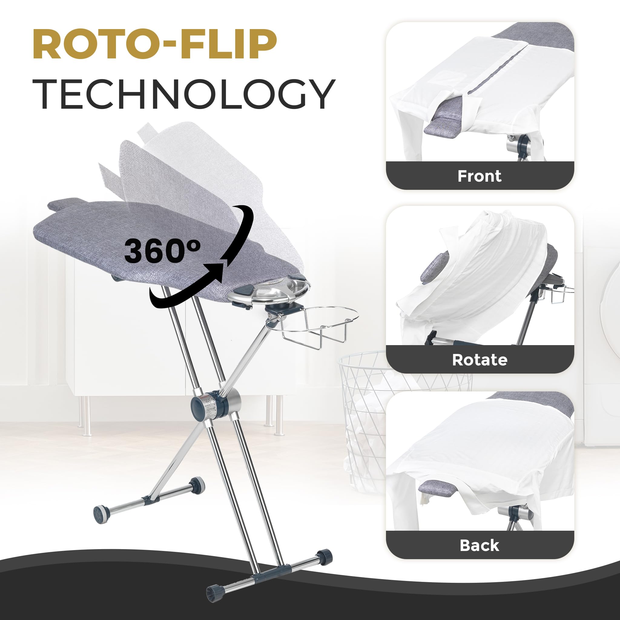 Dazzl 360-Degree Roto-Flip EZ71 Ultra Ironing Board - Dual-Sided Torso-Shaped Ironing Board with 8-Level Adjustable Height, Rotatable Iron Holder & Dual-Clamp Garment Clip - Full Size HDPE Ironing Board for Home, Laundry Room, and Professional Tailoring