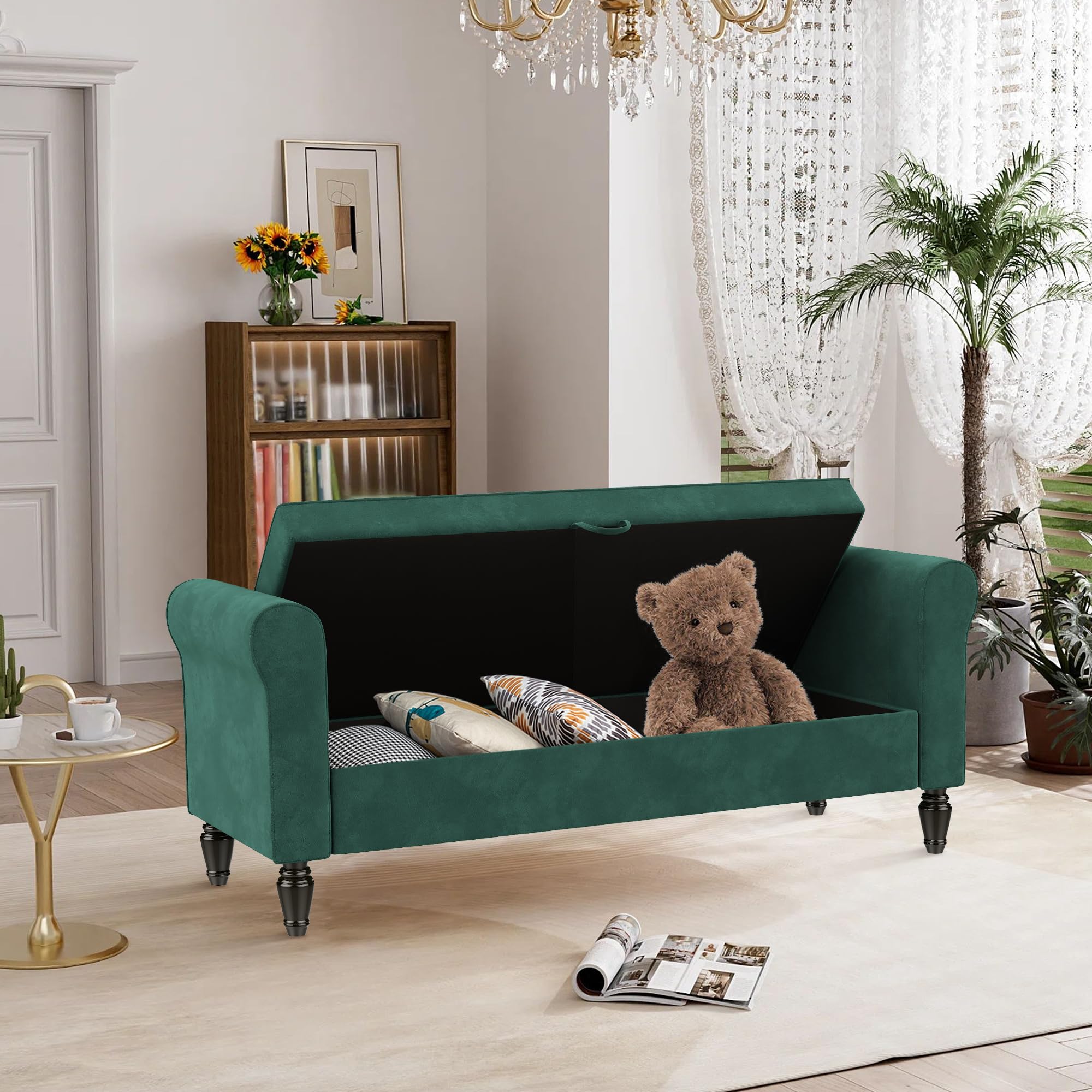 ALISH Modern Storage Bench with Arms - Button Tufted Upholstered Entryway Bench for Living Room & Bedroom - Green Velvet Ottoman with Hidden Storage | Perfect for Hallway Seating, Bed End Storage & Entryway Organization