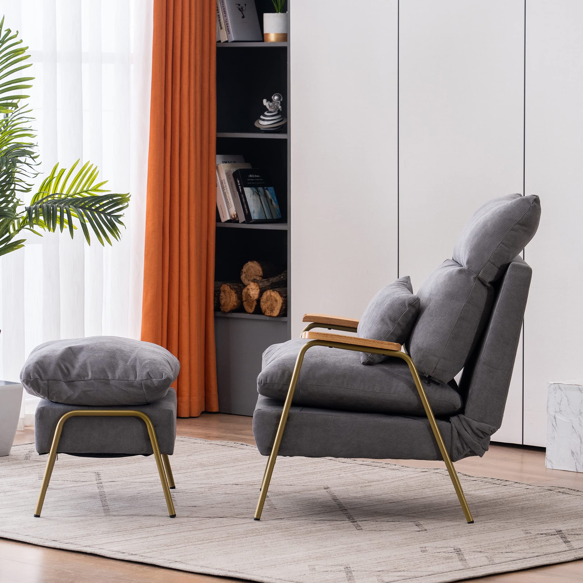 MCombo Modern Fabric Accent Recliner Chair with Ottoman - Upholstered Armchair & Sofa Bed for Living Room, Bedroom - Space Saving Design (Golden Frame, Grey) - Perfect for Small Apartments, Home Theaters & Reading Nooks