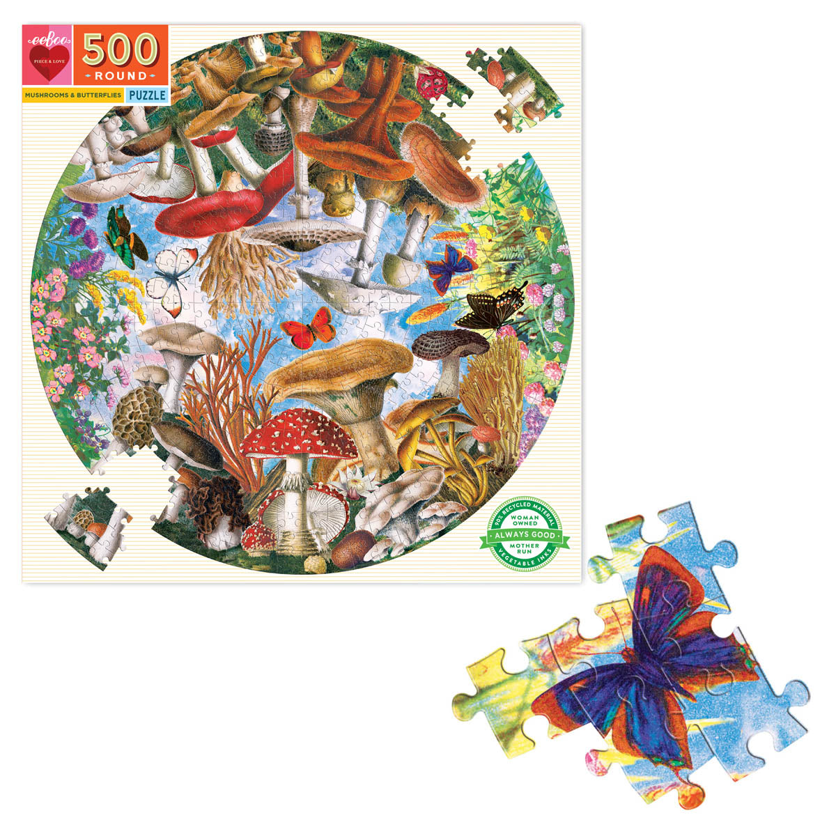 eeBoo 500 Piece Round Puzzle - Mushroom & Butterflies Jigsaw Puzzle for Adults & Kids, Perfect for Family Game Night & Relaxation