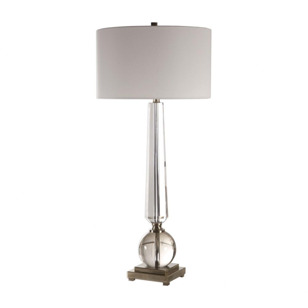 Elegant 1-Light Crystal Table Lamp with White Linen Drum Shade - 3-Way Switch - Perfect for Bedroom Nightstand, Living Room End Table, or Office Desk Lighting