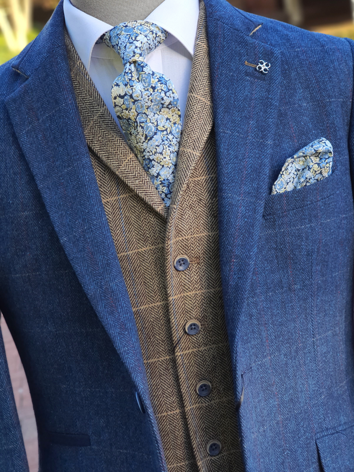 Blue Tweed Suit with Brown Waistcoat for Men | Cavani Carnegi Formal Business Attire | Perfect for Weddings, Office & Special Occasions