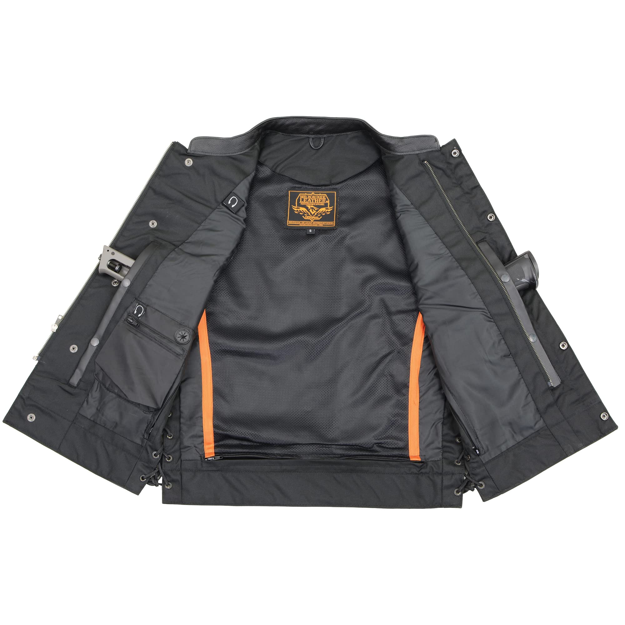 Milwaukee Men's Leather Vest with Side Lace & Concealed Weapon Pockets - Tactical Biker Jacket for Motorcycle Riding, Outdoor Adventures & Concealed Carry