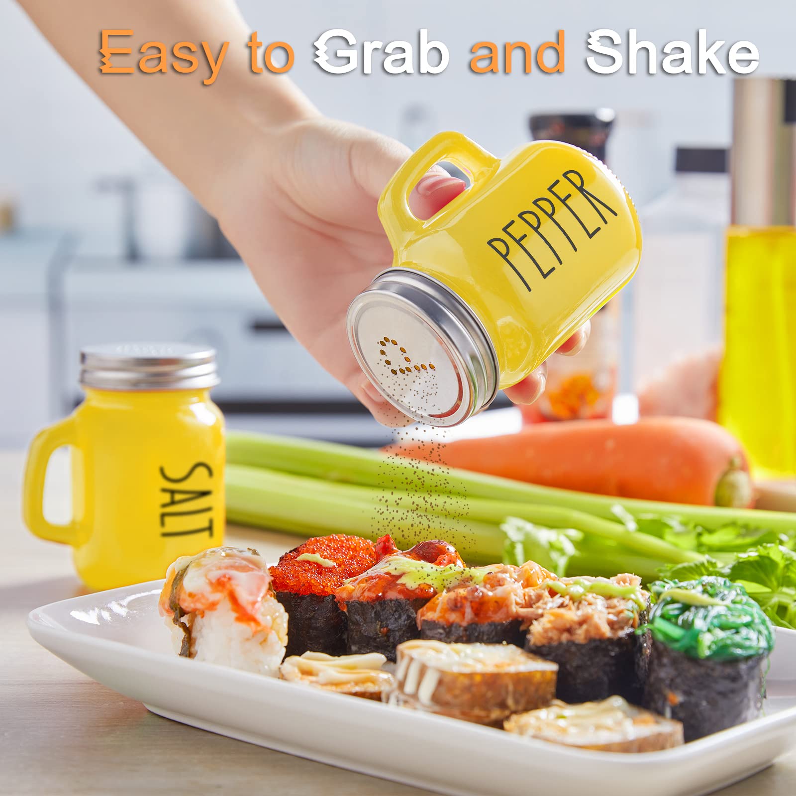 Yellow Salt and Pepper Shakers Set - Glass Kitchen Decor for Home, Restaurant, Wedding - Easy to Clean & Refill - Perfect for Dining Table, RV, BBQ, Camping, Picnic & Everyday Cooking