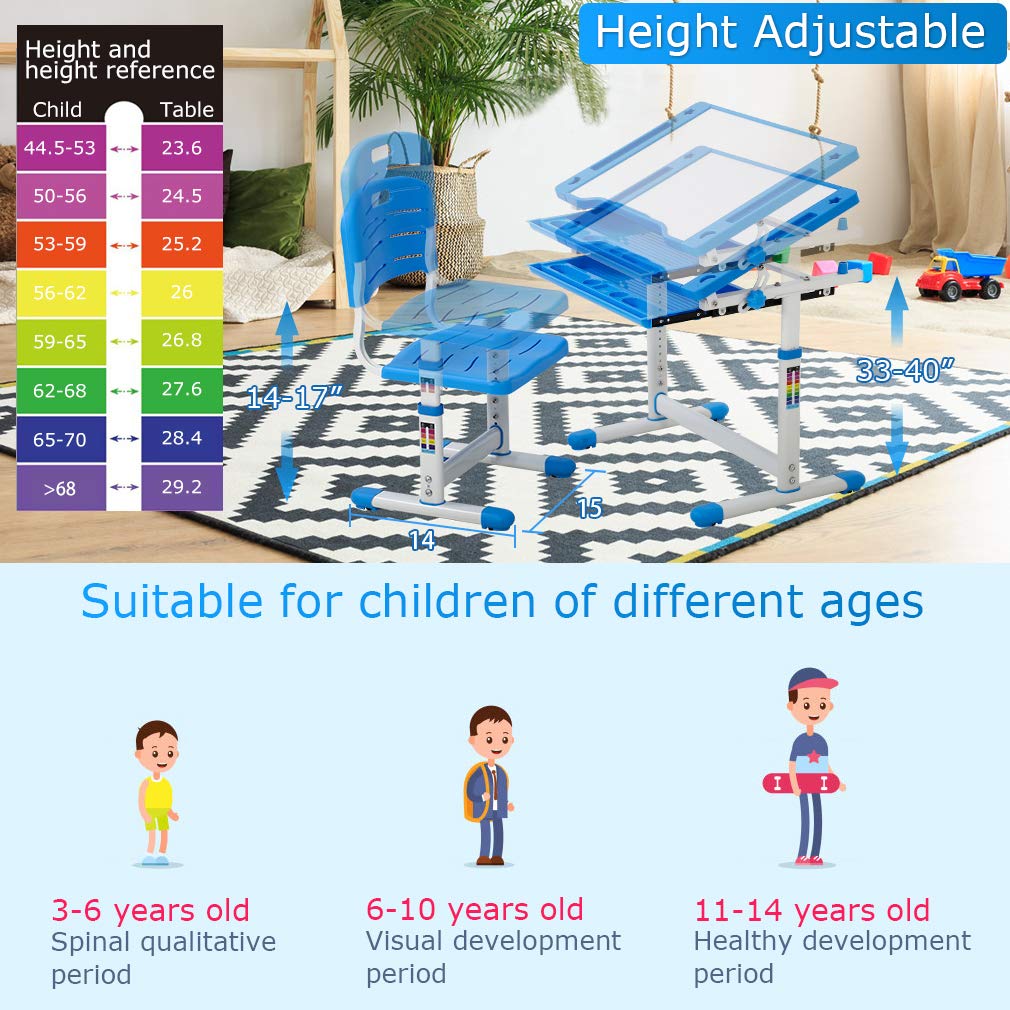 Adjustable Height Kids Study Desk with Storage - Blue | Ergonomic School Table for Children's Homework & Learning | Perfect for Bedroom, Classroom & Homeschooling