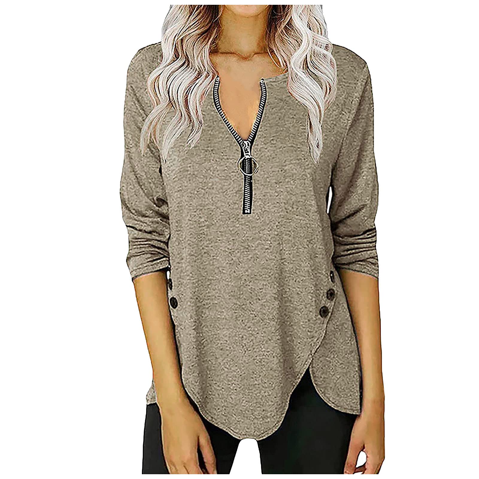 Trendy Women's Spring Fashion Long Sleeve V-Neck Blouse with Button Trim & Zipper Detail - Casual Tunic Top for Work, Date Night & Everyday Wear