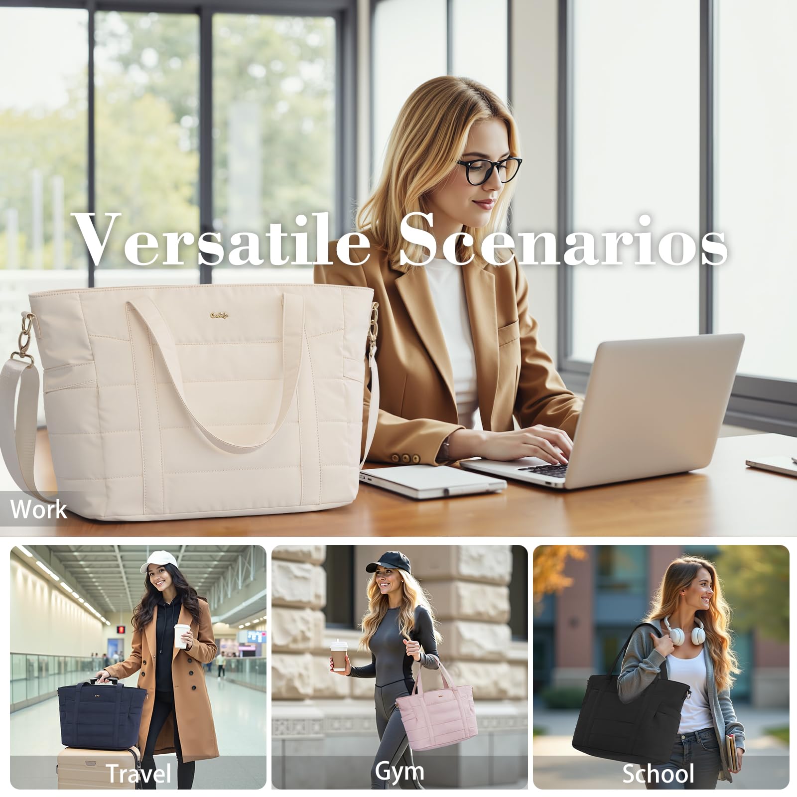 Coolife Quilted Puffer Tote Bag for Women - Stylish Insulated Shoulder Bag for Travel, Work, Gym & Daily Commute | Perfect Carry-On Bag for Business Trips, Shopping & Weekend Getaways