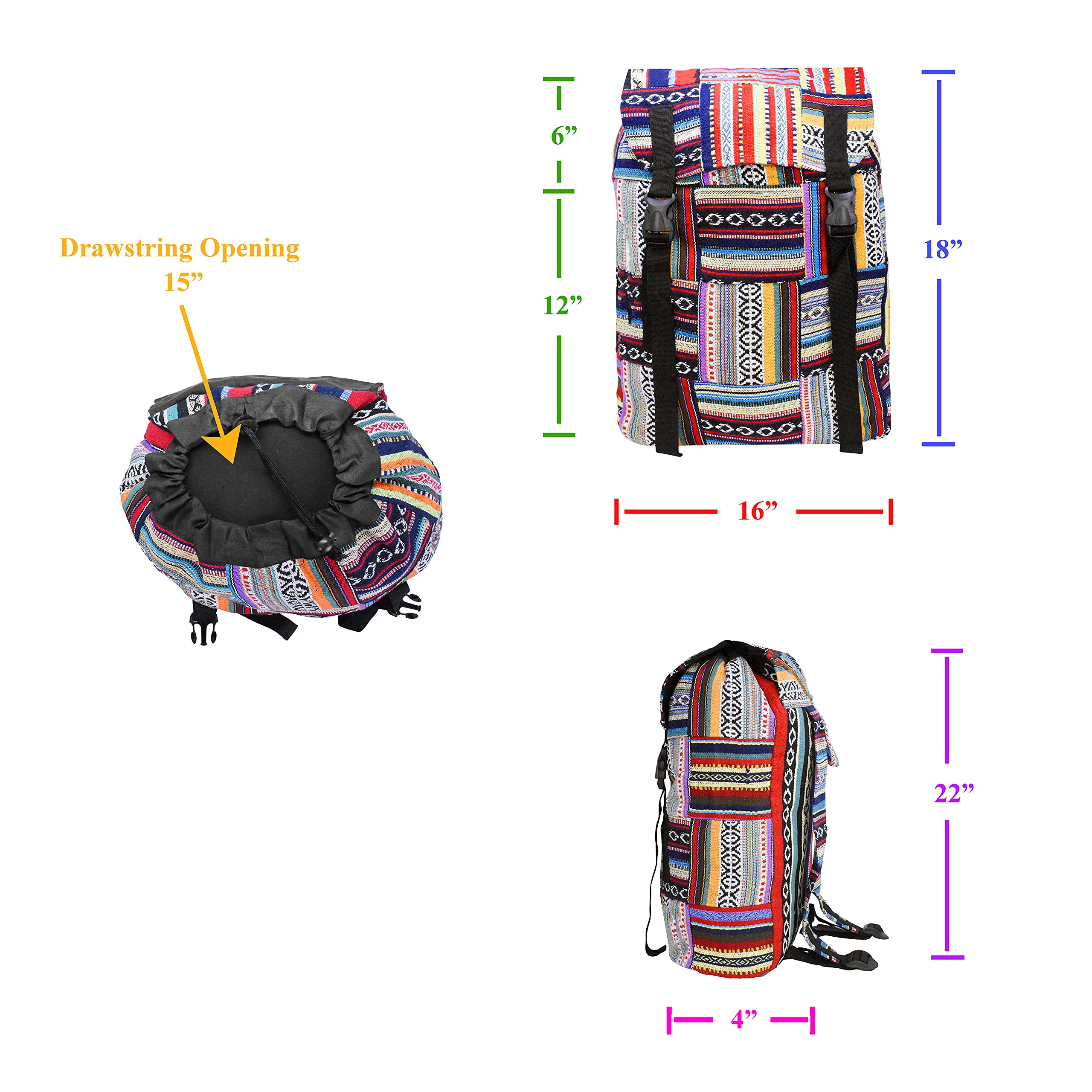 Mandala Crafts Bohemian Backpack - Large Boho Backpack Purse for Women & Men | Hippie Style Multicolor Baja Backpack | Perfect for Festivals, Travel & Beach Day