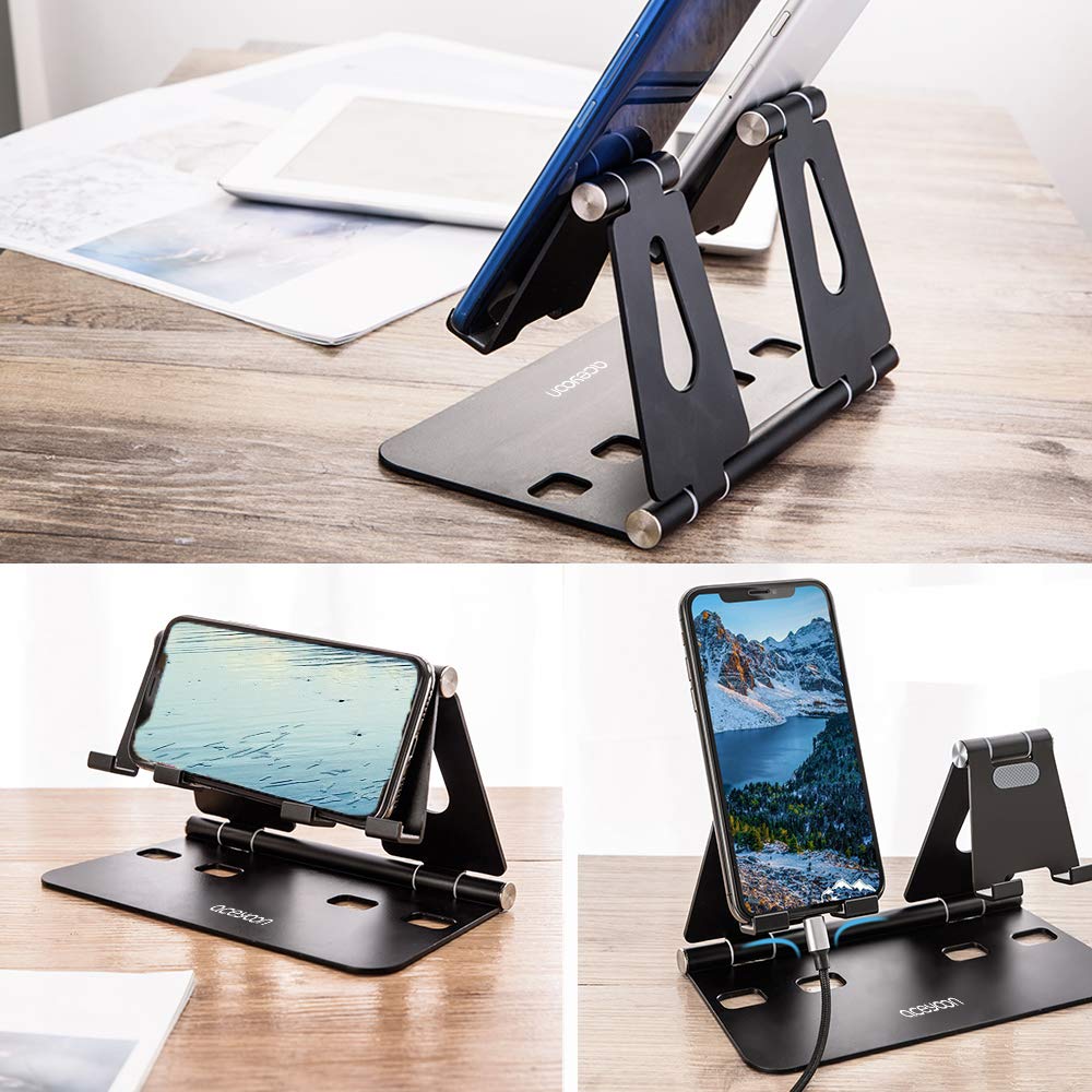 Aceyoon Adjustable Tablet Stand - Dual Phone & iPad Holder for Desk, Aluminum Alloy Foldable Stand for Tablet/Kindle, Portable Phone Stand for Office/Home/Bedside Use - Black
