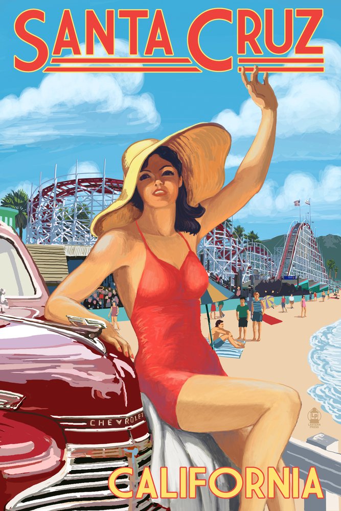 Santa Cruz California Woman Waving and Riding Bike - 12x18 Wall Art Poster for Beach House Decor, Coastal Living Room, Office & Bedroom Wall Decor