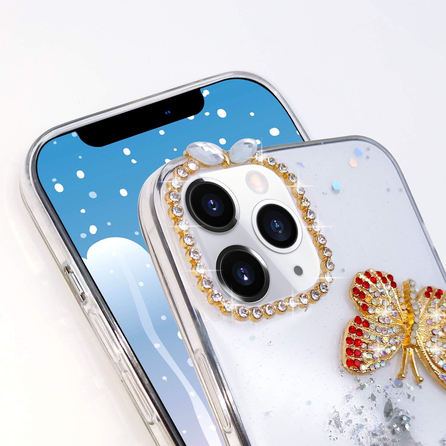 Luxury 3D Bling Glitter Rhinestone iPhone 12 Pro Case - Diamond Butterfly Flower Design, Sparkly Soft Silicone Protective Cover for Women & Girls (6.1