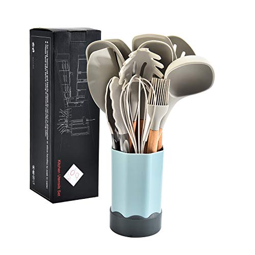 12-Piece Silicone Kitchen Utensil Set with Wooden Handle - Non-Stick Cooking Tools, Heat Resistant Spatula, Spoon & Tongs - Perfect for Baking, Frying & Everyday Cooking (Army Green)