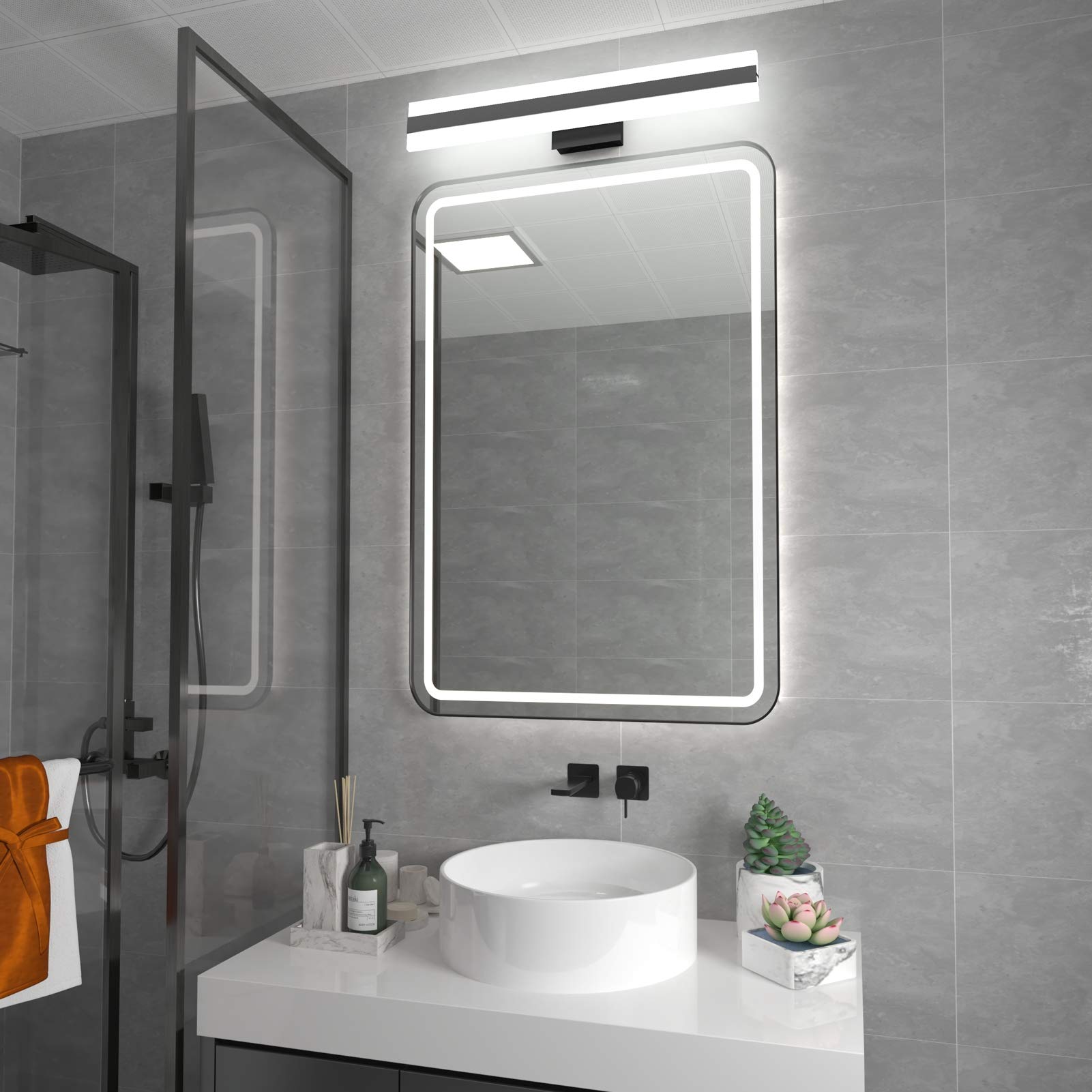 Aipsun 24W Modern Black Vanity Light with Frosted White Acrylic - Up and Down LED Bathroom Light Fixture (6000K White Light) - Perfect for Bathroom, Dressing Room & Vanity Area Lighting
