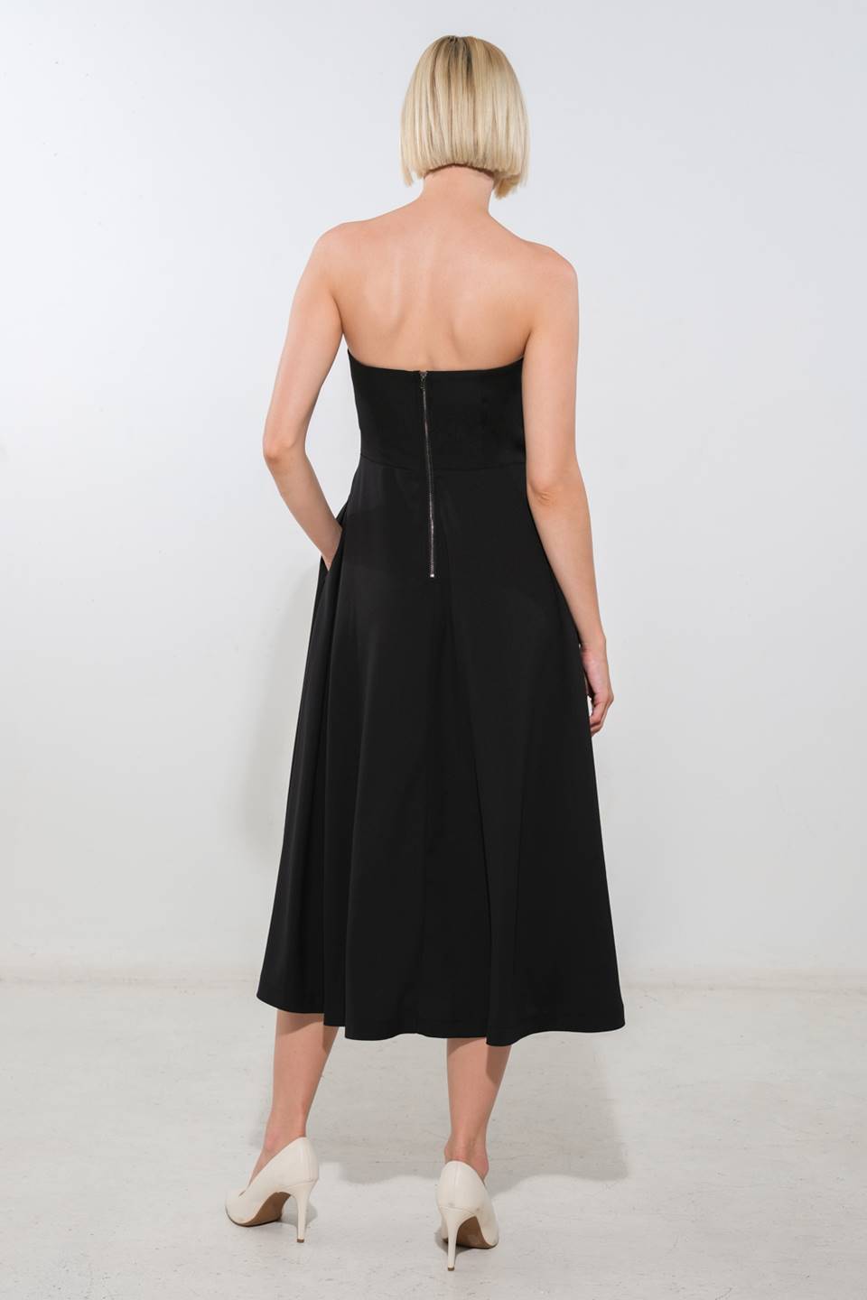 Land of the Free Black Strapless Midi Dress with Rosette Detail - Elegant Evening Wear for Parties & Special Occasions