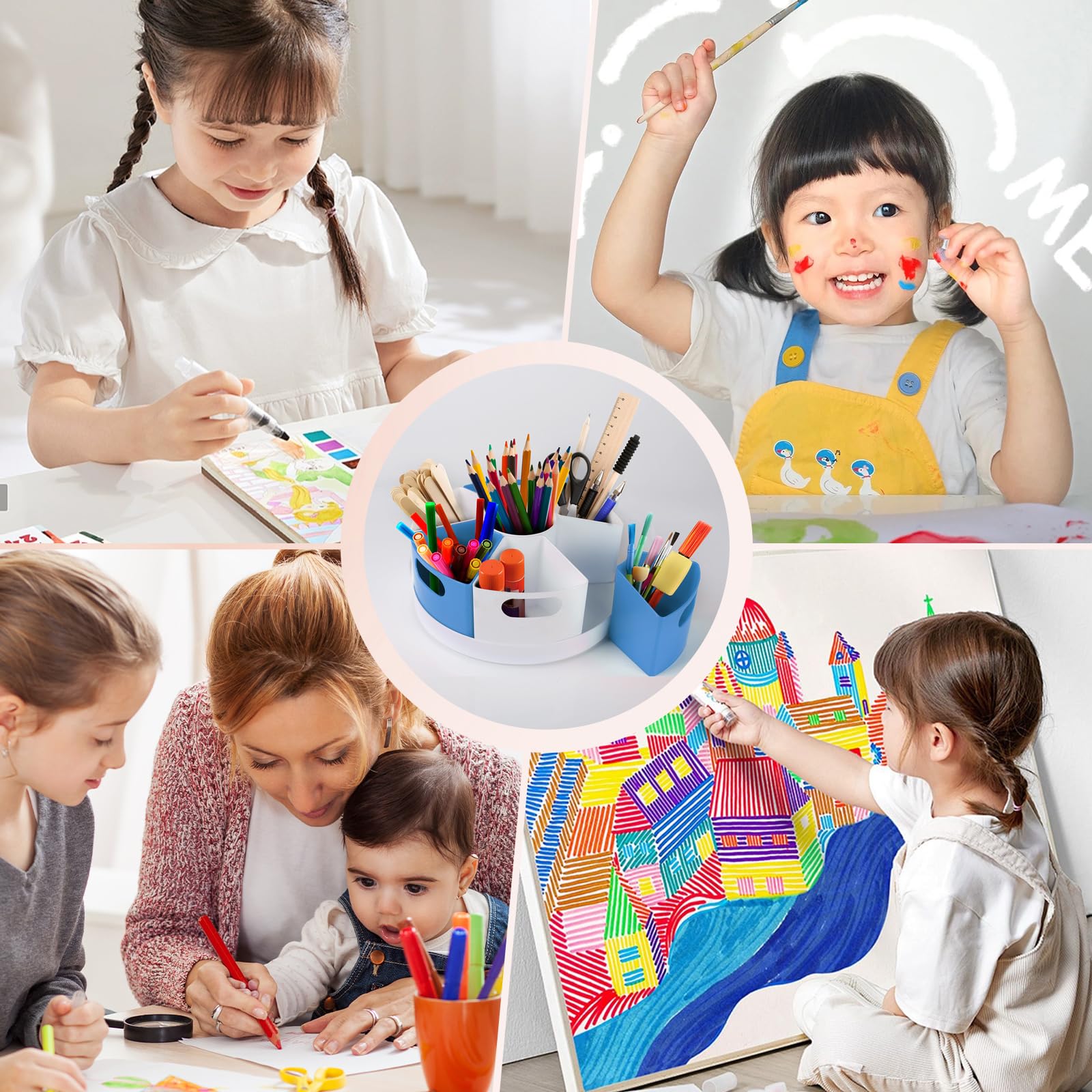 360° Rotating Kids Art Supply Organizer - Crayon, Marker & Pencil Holder for Desk - Classroom Storage Caddy for Teachers & Students - Blue (Perfect for Homeschool, Art Class & Craft Room Organization)