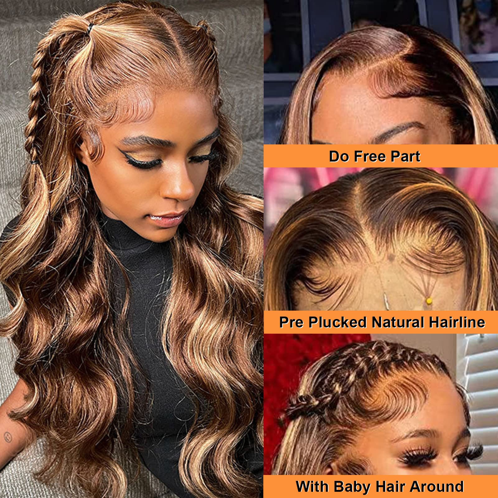 Ombre Lace Front Wig Human Hair 150% Density 13x4 HD Transparent Honey Blonde Body Wave Glueless Wig 24 Inches - Perfect for Daily Wear, Cosplay, and Special Occasions