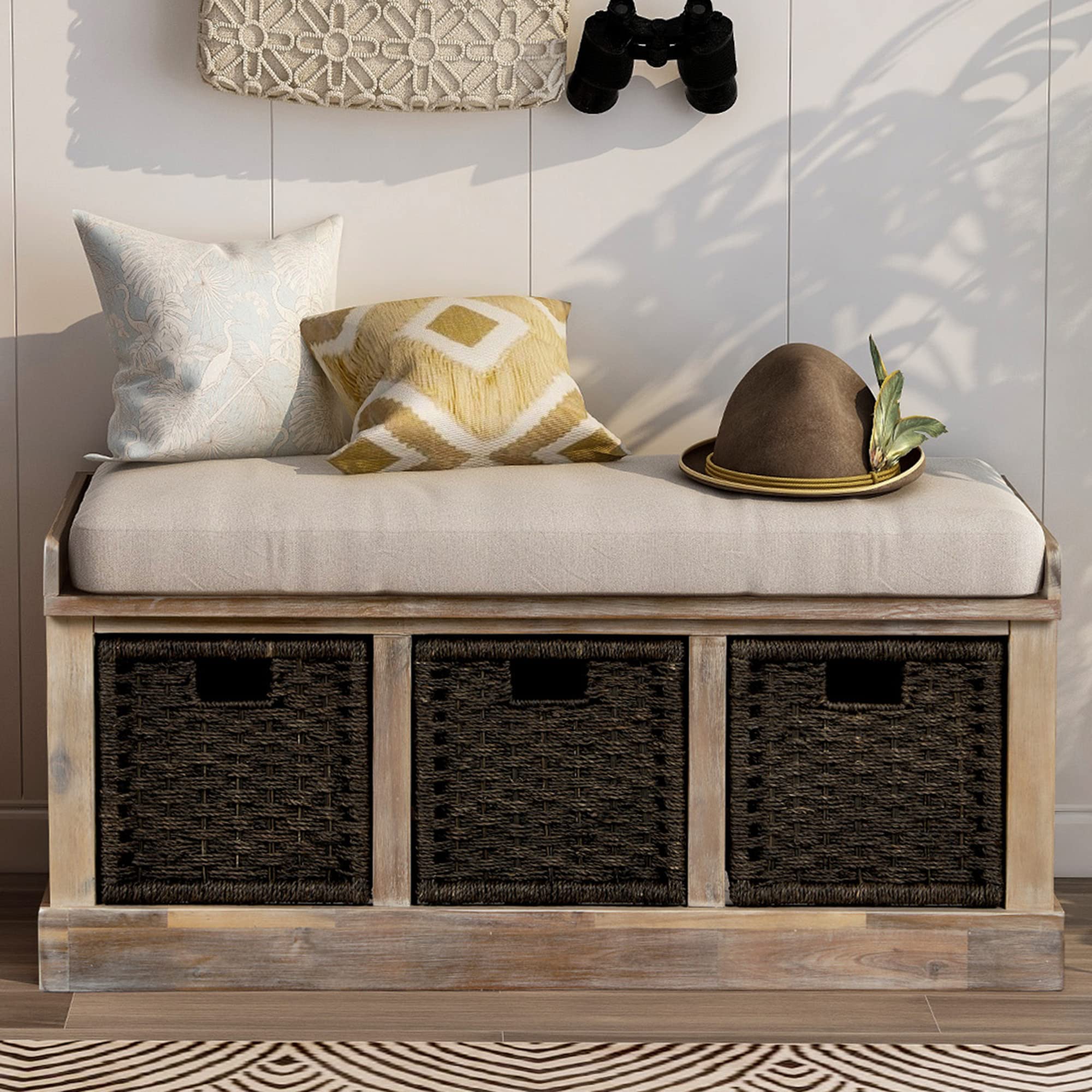 Rustic White Washed Entryway Storage Bench with Removable Cushion & 3 Rattan Baskets - Wooden Hallway Bench for Bedroom, Living Room, Foyer - Perfect for Organizing Shoes, Coats & Home Decor