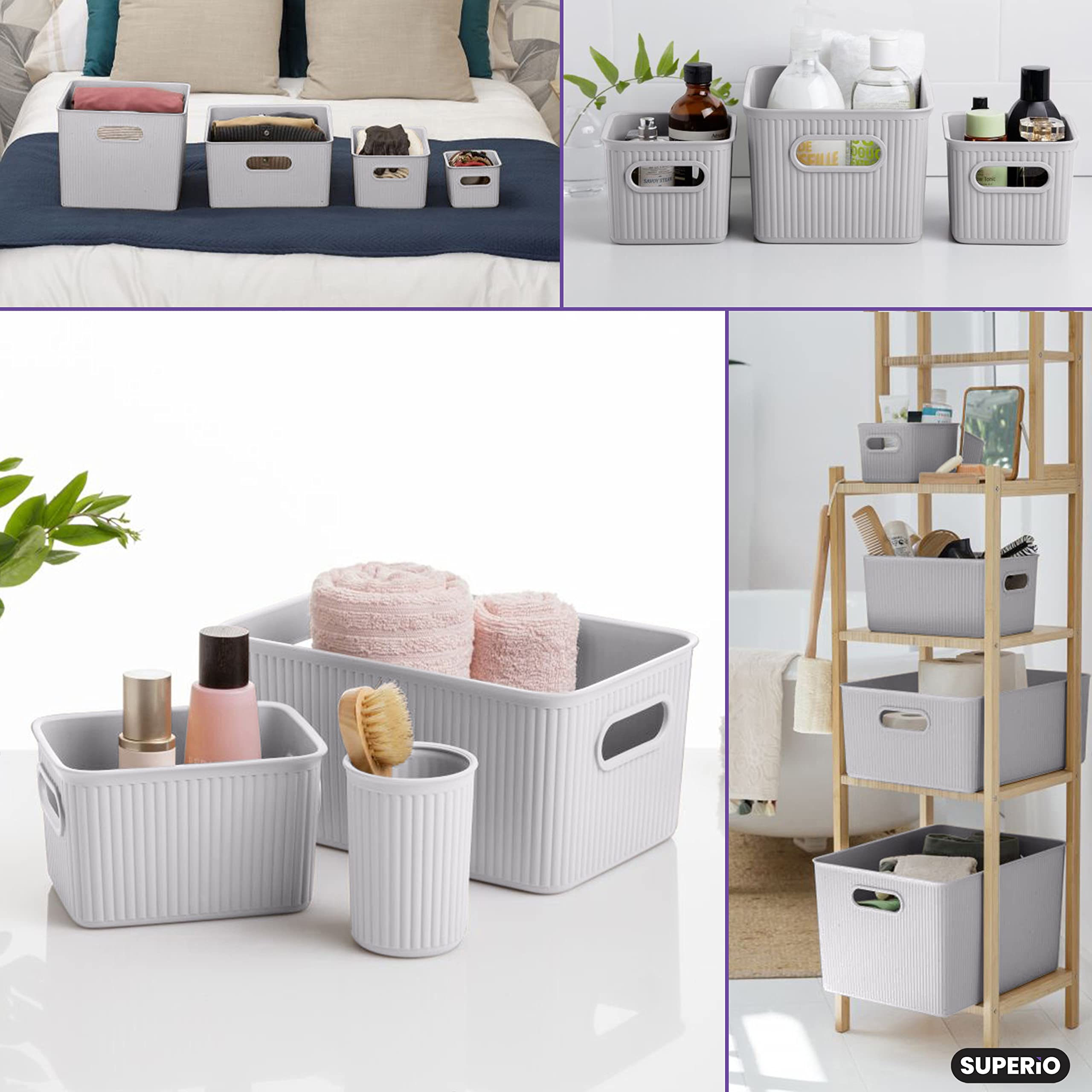 Superior Ribbed Plastic Storage Bins - 4 Pack Small White Smoke Organizer Baskets for Home, Closet, Shelves & Drawers | 1.5L Decorative Open Container Boxes | Perfect for Bedroom, Bathroom & Office Organization