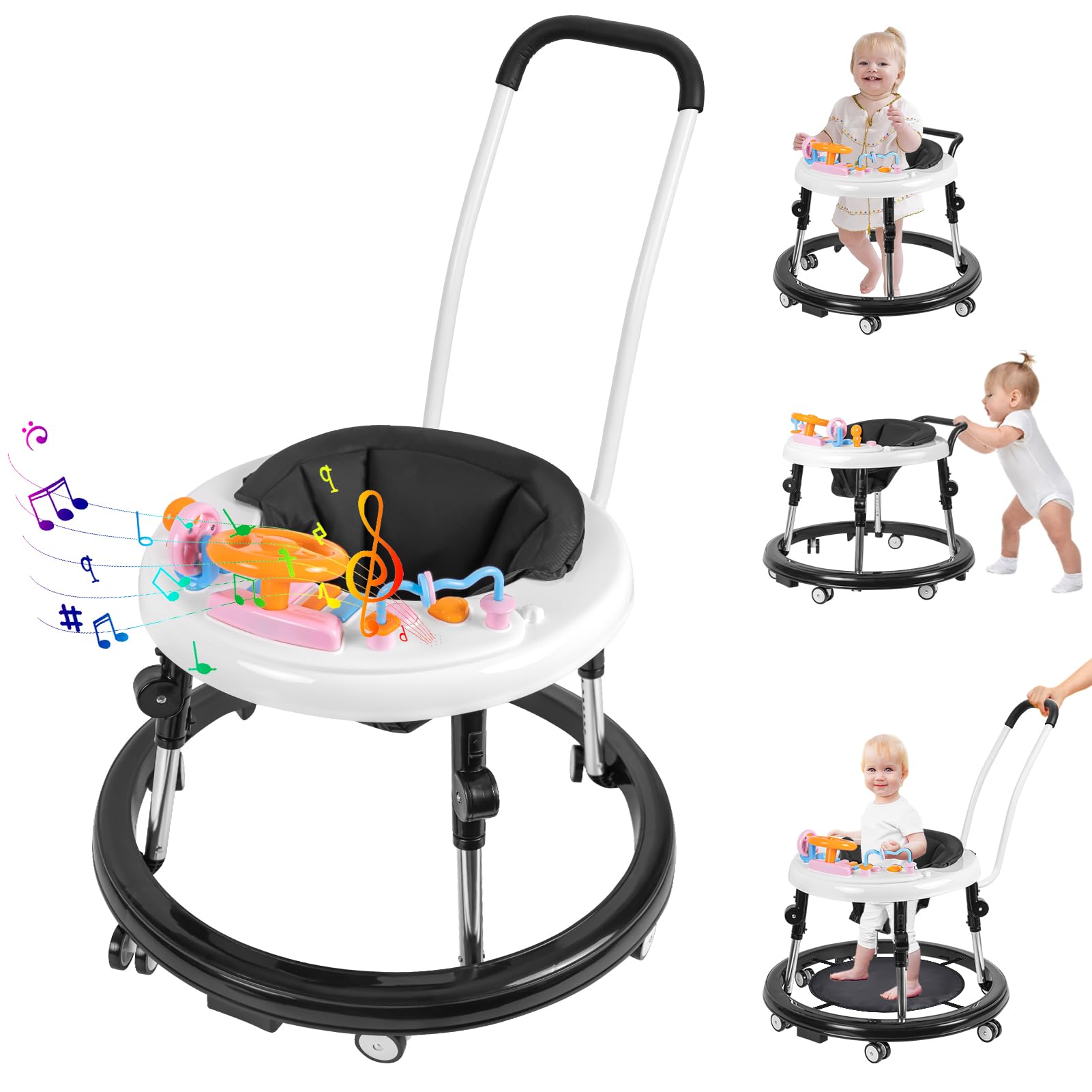 Foldable 9-Speed Adjustable Baby Walker with Wheels & Music - Anti-Fall Infant Activity Center for Boys & Girls 6-24 Months - Perfect for Learning to Walk & Playtime Fun at Home