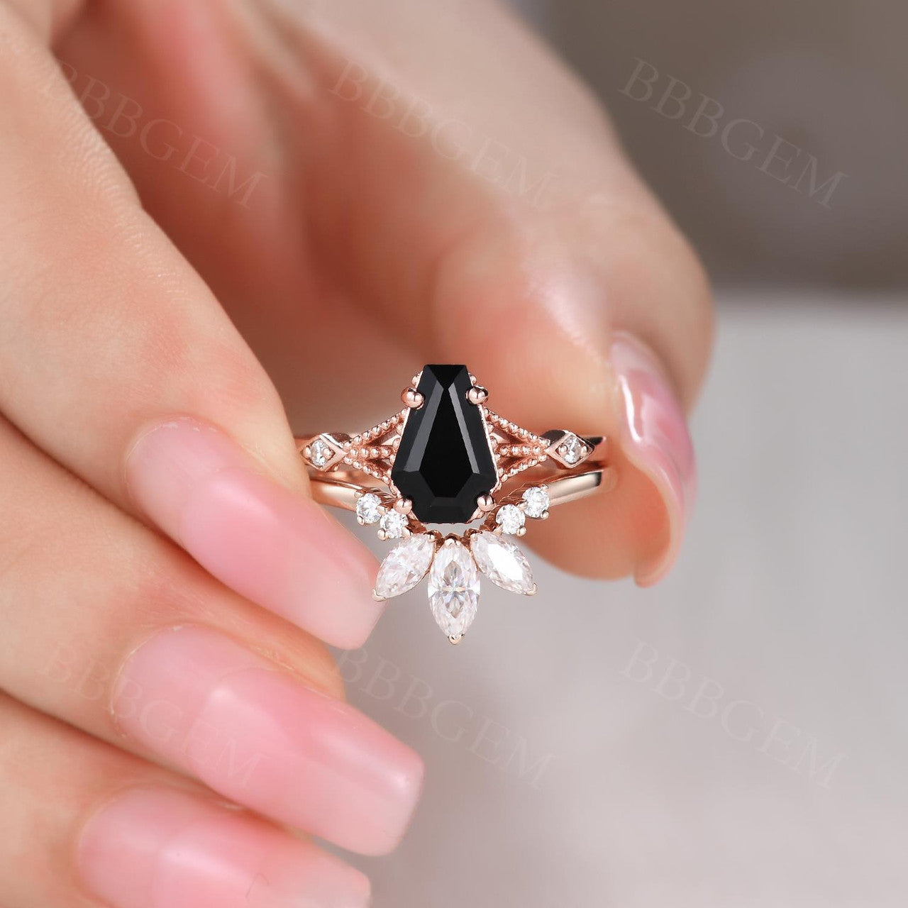 AAA Black Onyx & Spinel Coffin Wedding Ring Set for Women - August Birthstone Cocktail Ring Jewelry for Bridal, Gothic & Evening Wear