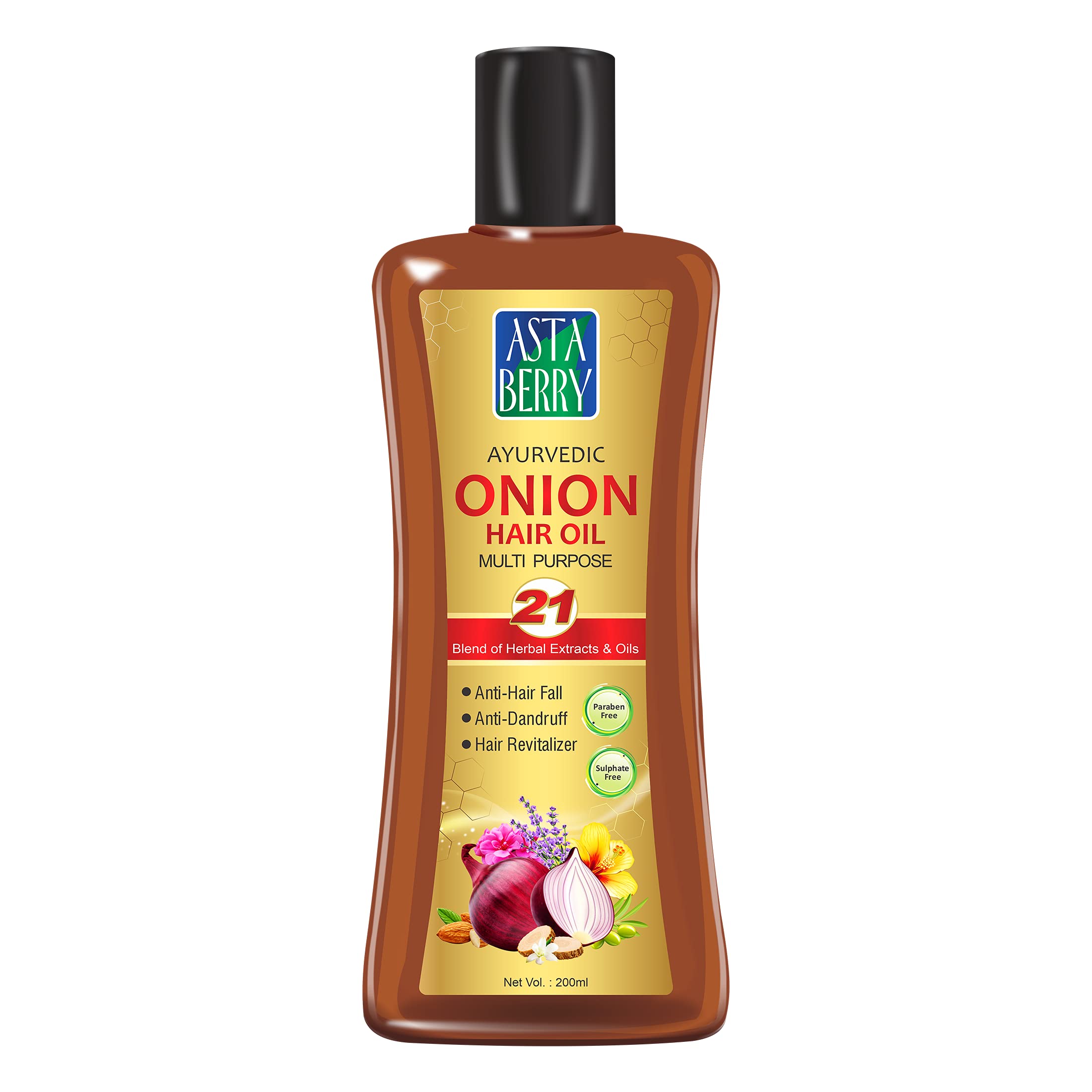 ASTABERRY Onion Hair Oil for Hair Growth & Thickness - 200ml Natural Hair Treatment with 21 Herbal Extracts | Anti-Hair Fall, Anti-Dandruff & Scalp Revitalizer | Promotes Stronger Roots & Healthy Hair | Perfect for Daily Hair Care, Styling & Damaged Hair Repair