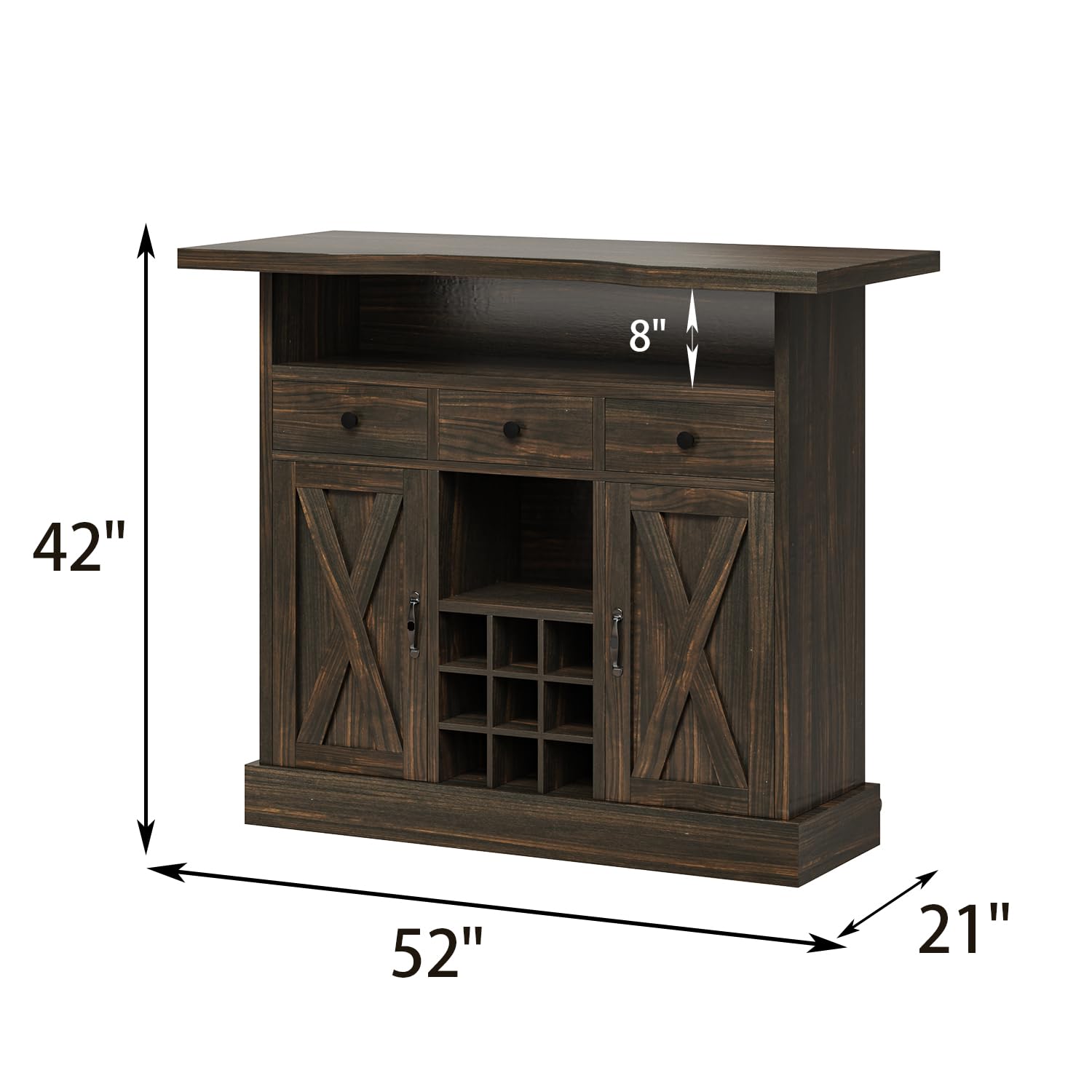 4-Tier Farmhouse Home Bar Cabinet with Wine Racks & Drawers - 52 Inch Rustic Liquor Storage Unit with Barn Door & Footrest - Perfect for Home Bars, Dining Rooms & Entertaining Spaces (Dark Oak)