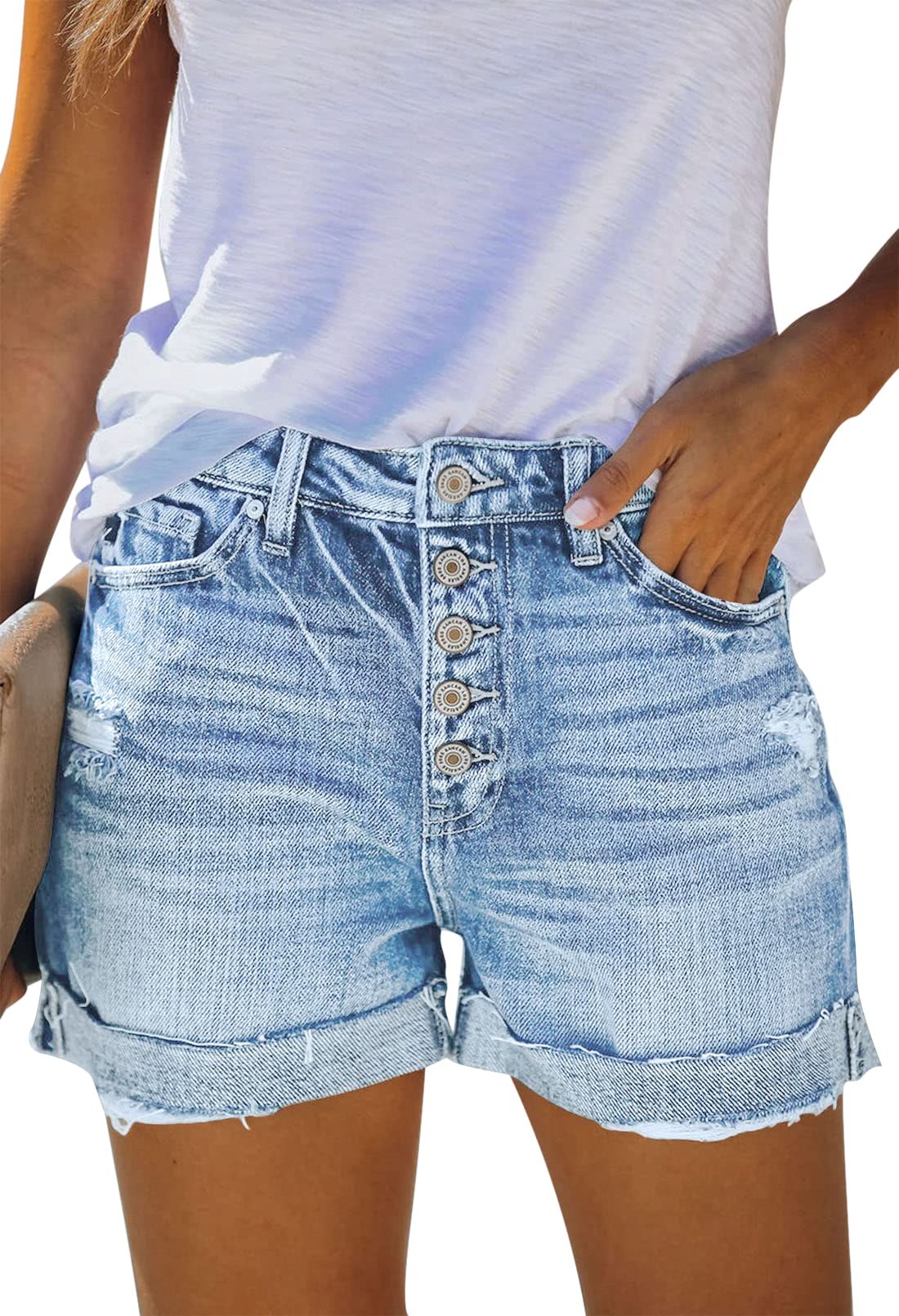 Women's High Waisted Distressed Denim Shorts - Ripped Hem & Frayed Details for Summer Fashion | Perfect for Casual Outfits, Beach Wear & Street Style