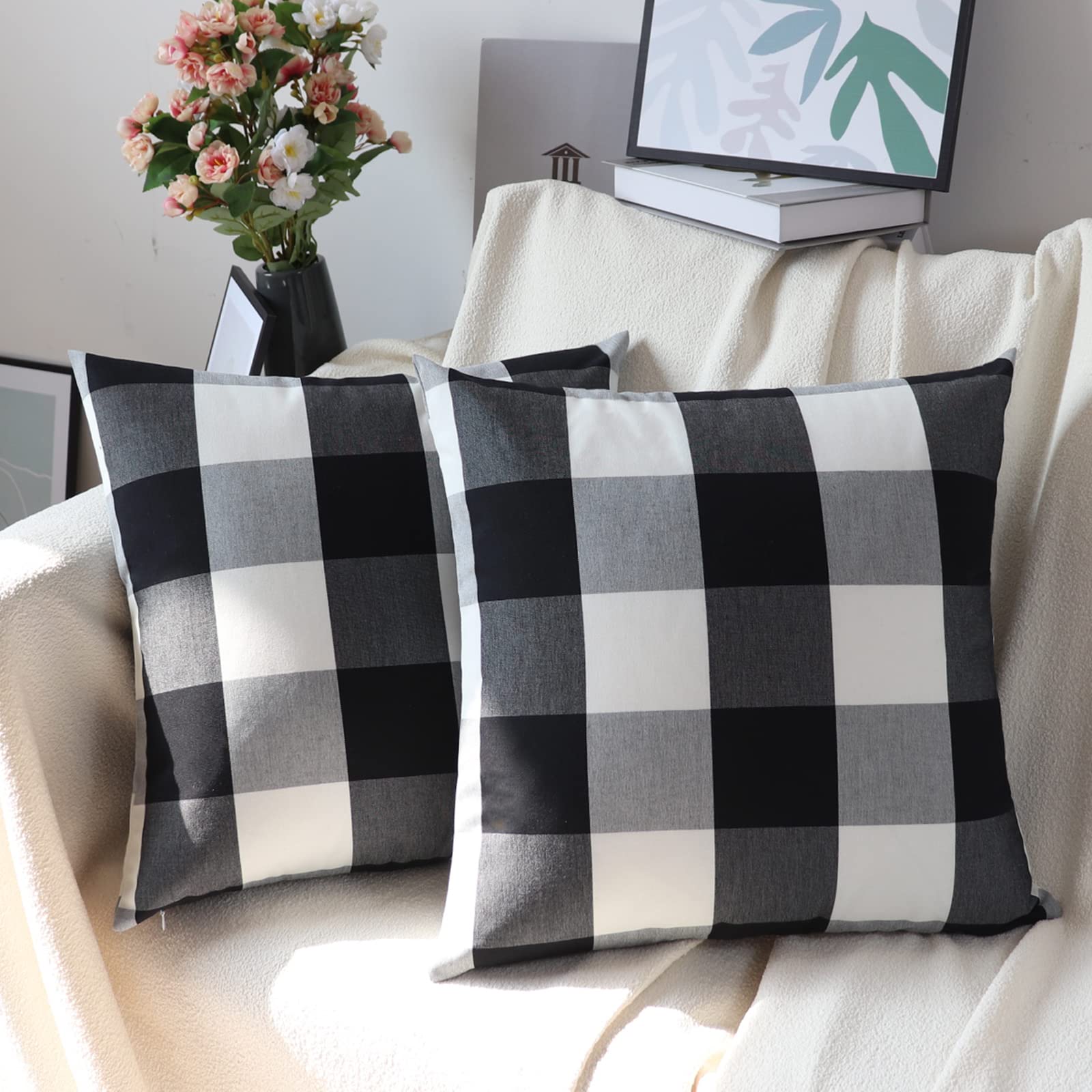 Buffalo Check Plaid Pillow Covers 16x16 Inch - Farmhouse Style Decorative Throw Pillow Covers for Couch, Sofa & Bed - Black and White Christmas Home Decor (Pack of 2) - Perfect for Living Room, Porch & Seasonal Holiday Decorations