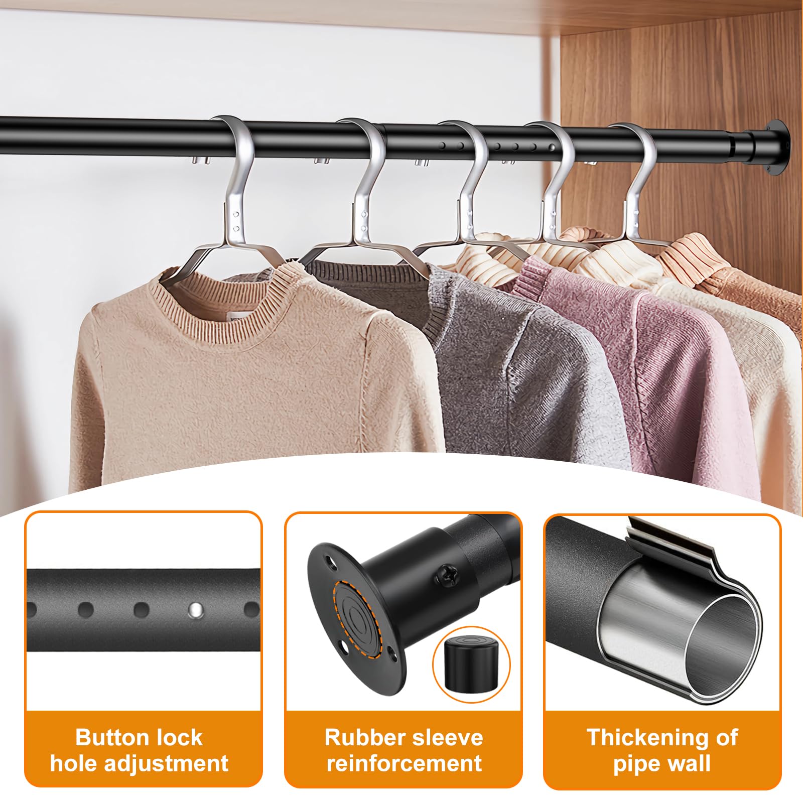 Adjustable Closet Rod 63-70 Inch - Heavy Duty Metal Clothes Hanging Pole with 100lb Weight Capacity - Space Saving Wardrobe Organizer for Bedrooms, Closets & Small Spaces