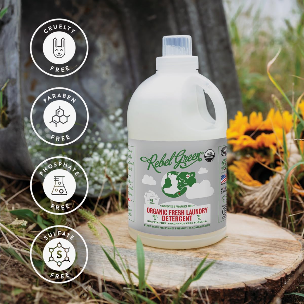 Rebel Green Organic Laundry Detergent - Natural Eco-Friendly Liquid Laundry Soap with Dispenser Cup | Hypoallergenic & Unscented for Sensitive Skin | 68 Loads per Bottle (2 Pack) | Perfect for Babies, Delicate Fabrics & Allergy Sufferers