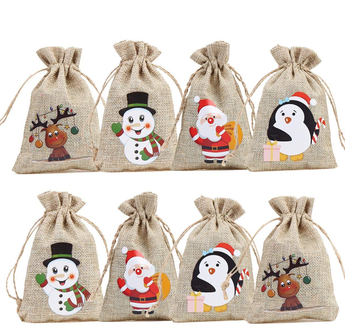 CCINEE 36-Piece Christmas Linen Gift Bags with Drawstrings - Set of 4 Festive Designs (Snowman, Santa, Penguin & Elk) - Reusable Burlap Goodie Bags for Holiday Party Favors, Candy, Treats & Small Gifts