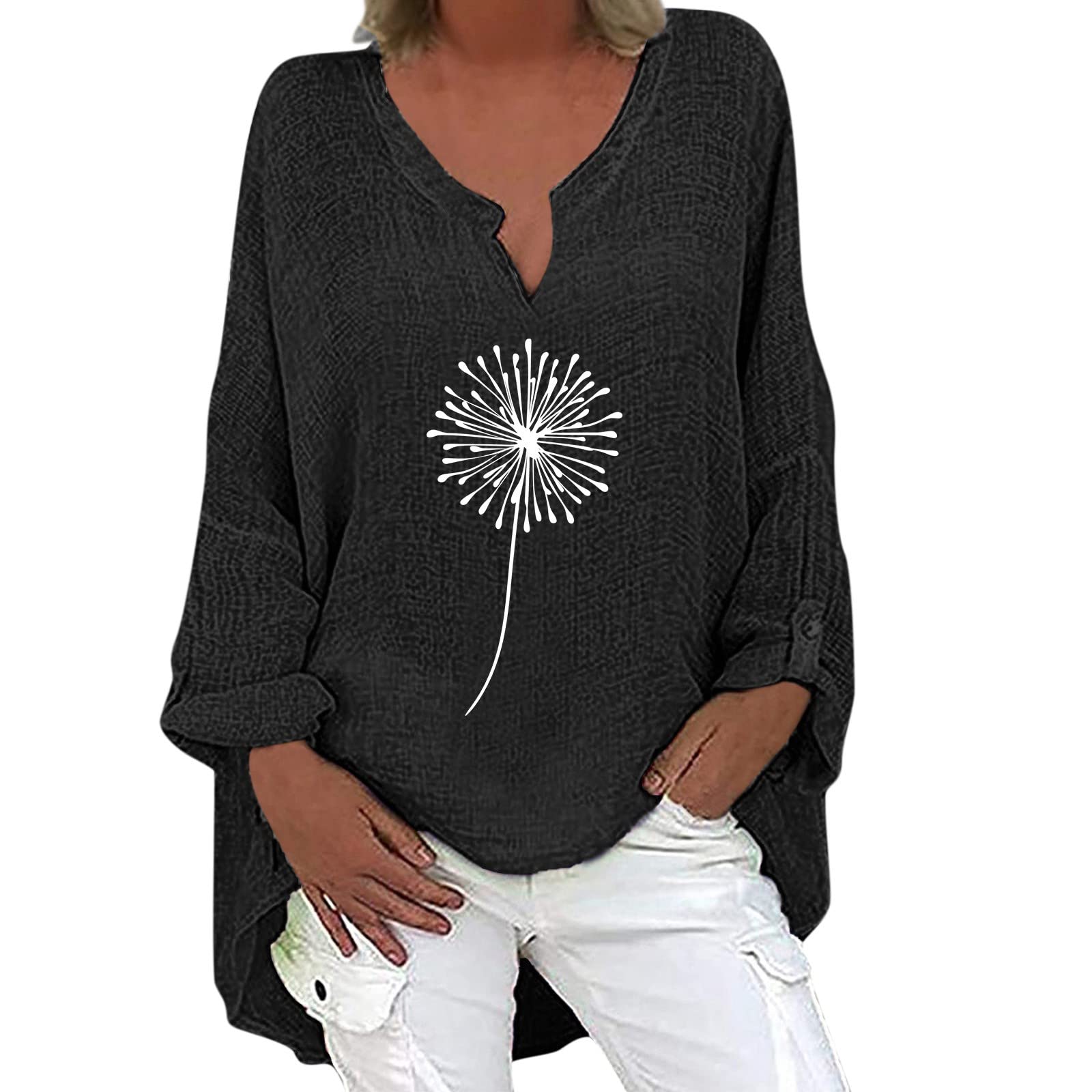 Women's Floral Printed V-Neck Long Sleeve Blouse with Irregular Hem - Casual T-Shirt Style Top for Work, Date Night & Everyday Wear