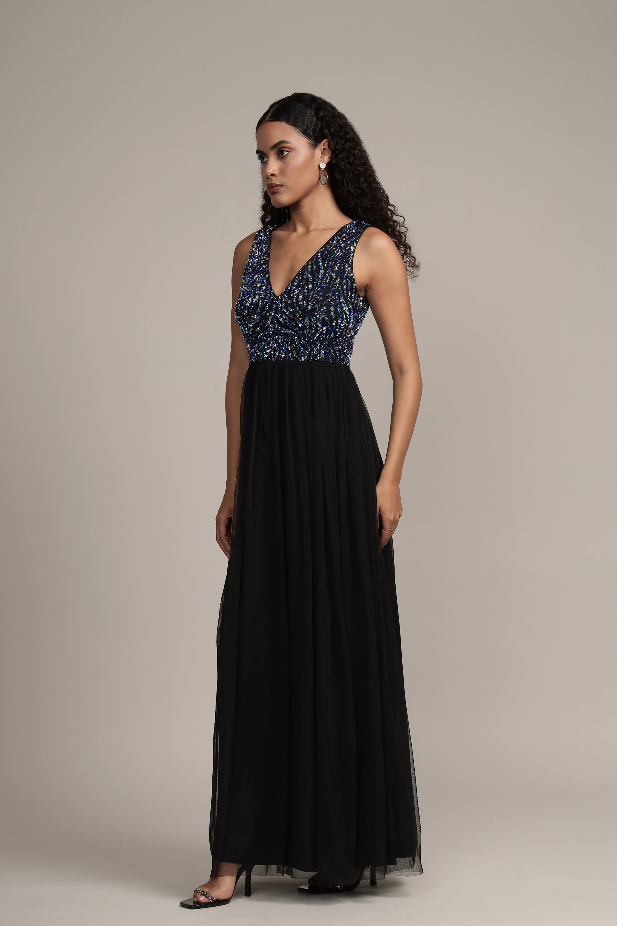 Ada Black Embellished Maxi Dress for Women - Elegant Evening Gown with Beaded Details, Formal Party Dress for Weddings, Prom, Cocktail Events & Special Occasions